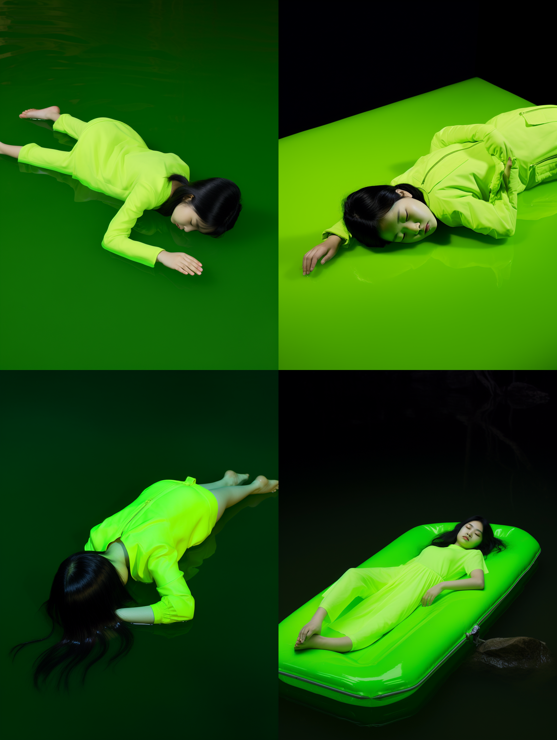 a little chinese girl lies quietly on the lake, only her face is used, character shot, minimalist style, nobuyoshi araki style, illustration, fluorescent green, high visibility, bright, movie lighting