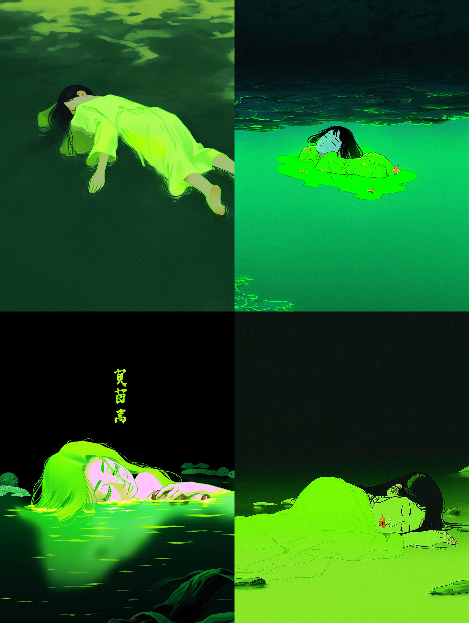 a little chinese girl lies quietly on the lake, only her face is used, character shot, minimalist style, nobuyoshi araki style, illustration, fluorescent green, high visibility, bright, movie lighting