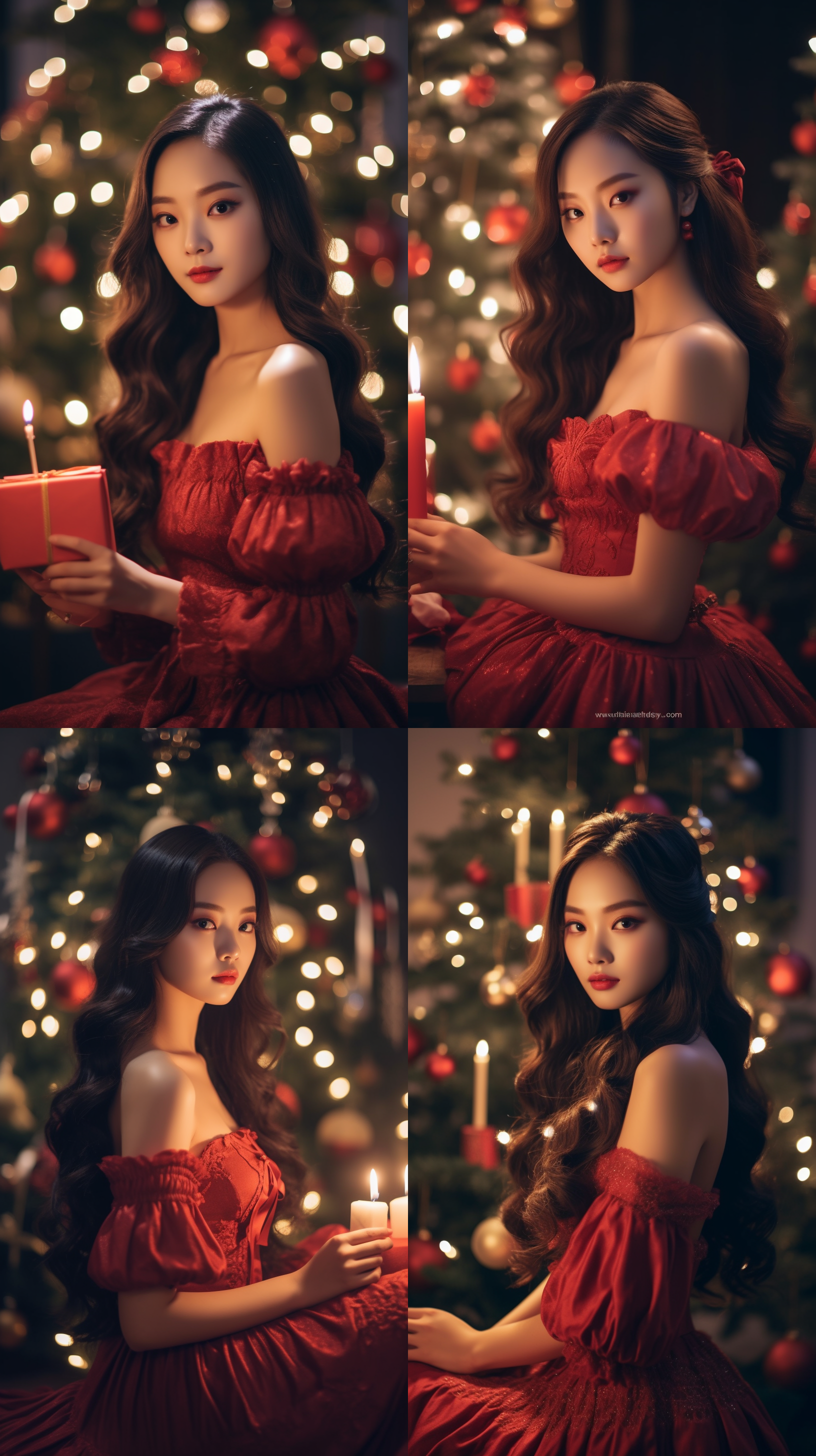 a beautiful asian women with long hair and a bow in her hair sitting in front of a christmas tree with a christmas card, wearing red chest-length dresses,smile,facing the camera, beautiful,soft candle light, ,velvet,happy,bedroom,cinematic shot