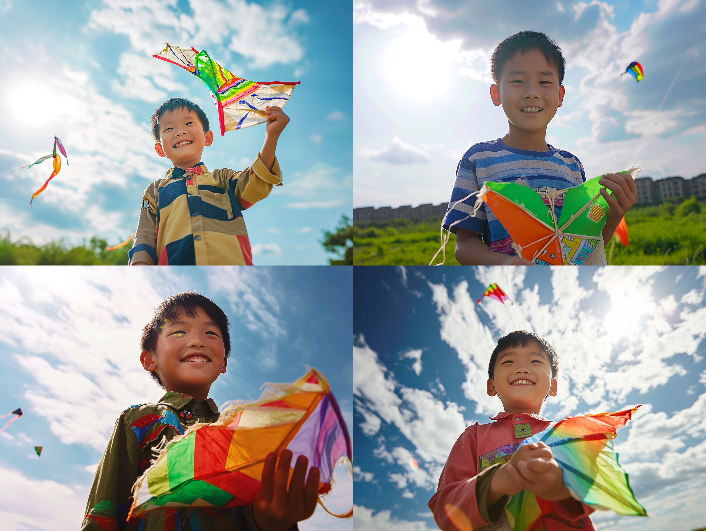 一个7岁中国小男孩手里拿着一只五颜六色的风筝，站在绿地上对着镜头微笑，阳光很好，蓝天白云，天空上飞着几只风筝，short exposure，wide-angle view，呈现出空间的深度，cinematic lighting，4k，realistic，hyper quality，vibrant，欢乐，自由，开心