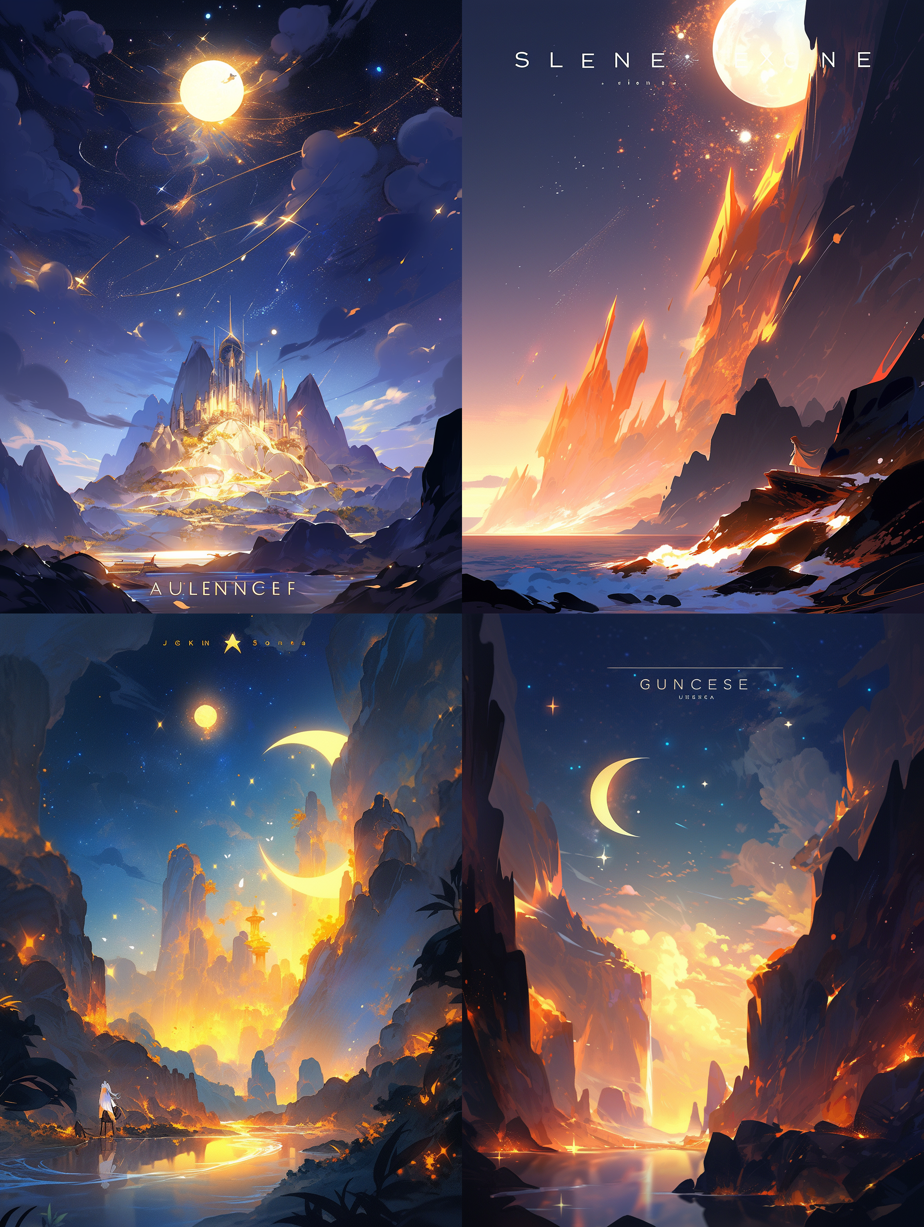 一幅悬崖峭壁有关的插画，背景一个巨大的金色月亮，封面为yuumei风格的星星艺术集团（星星）的ep，深邃的夜空，荧光，全局照明，发光的效果，光线的现实主义描绘，精致的幻想世界，agnes劳伦斯佩尔顿，数字绘画，温馨配色，明亮的配色，马卡龙色，互补色配色，闪耀的星空，夜景，夜芯，洒金效果，仙光，超广角 非常详细的cg 超级高分辨率 大文件 风景