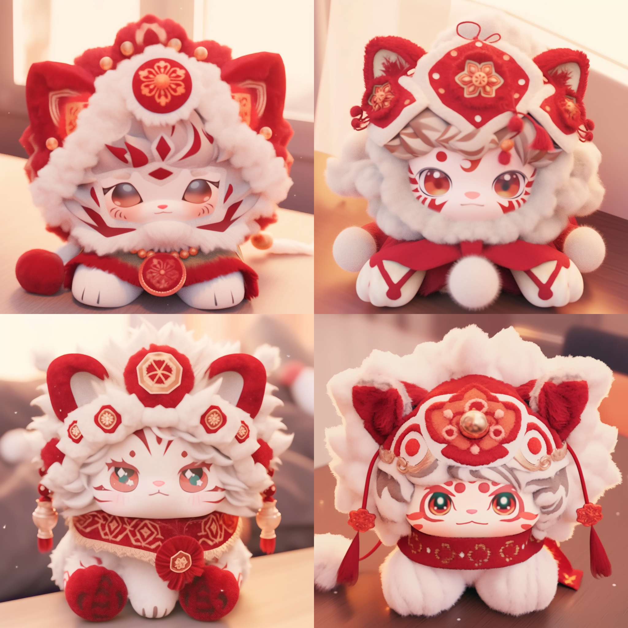 一个小醒狮的毛绒头套，头套是红色系的，有白色毛绒边点缀， 针织材质的花边领，边缘有红色点缀，毛绒材质，正面镜头，中国风格，可爱，泡泡玛特，矢量图