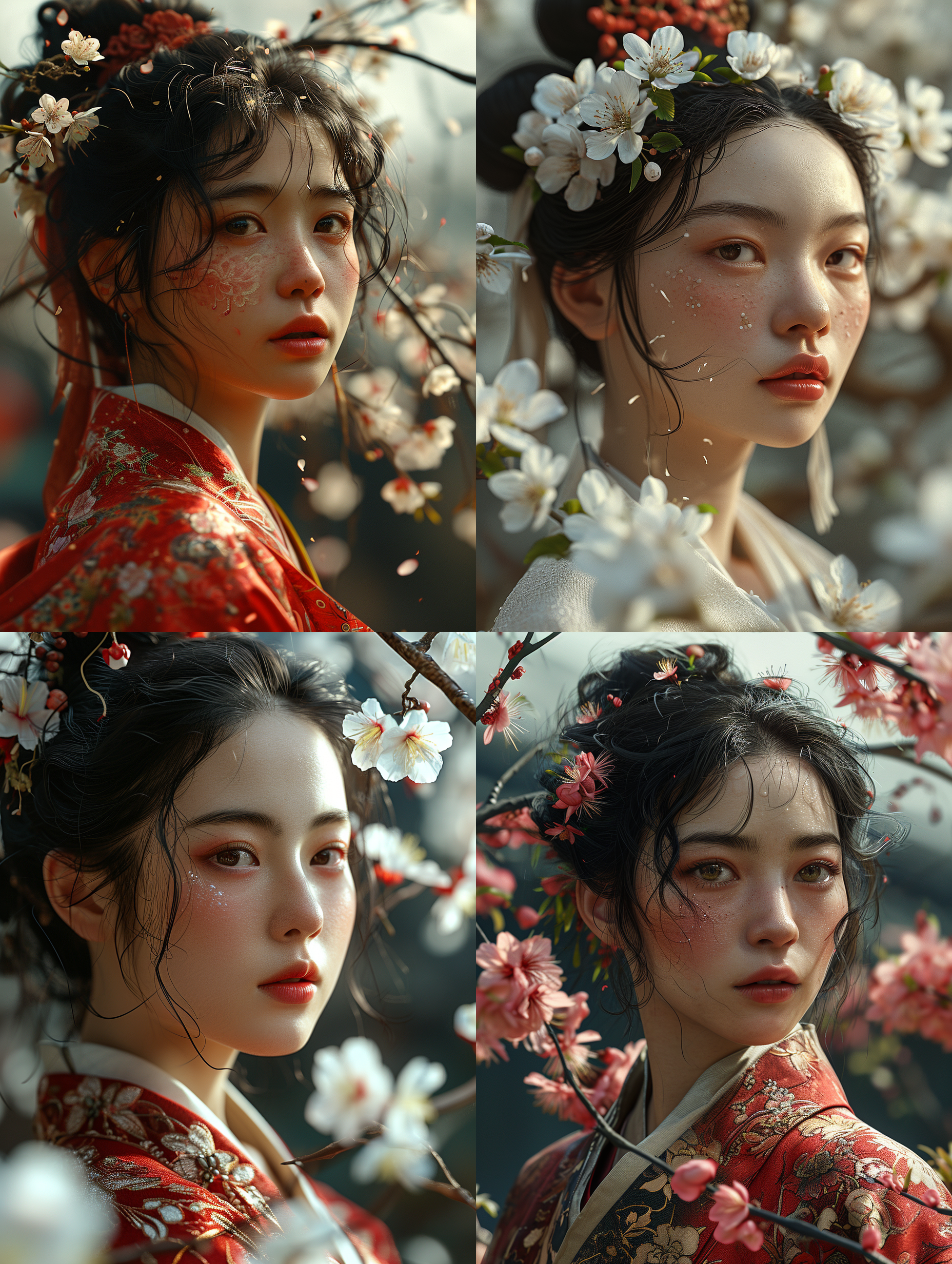 一位中国成年女性，被梨花绕着，花瓣纷飞，干净背景，底部透光，超级高分辨率，8k, 特写人脸，非常细致的眼睛和脸，细节照明，真实风格