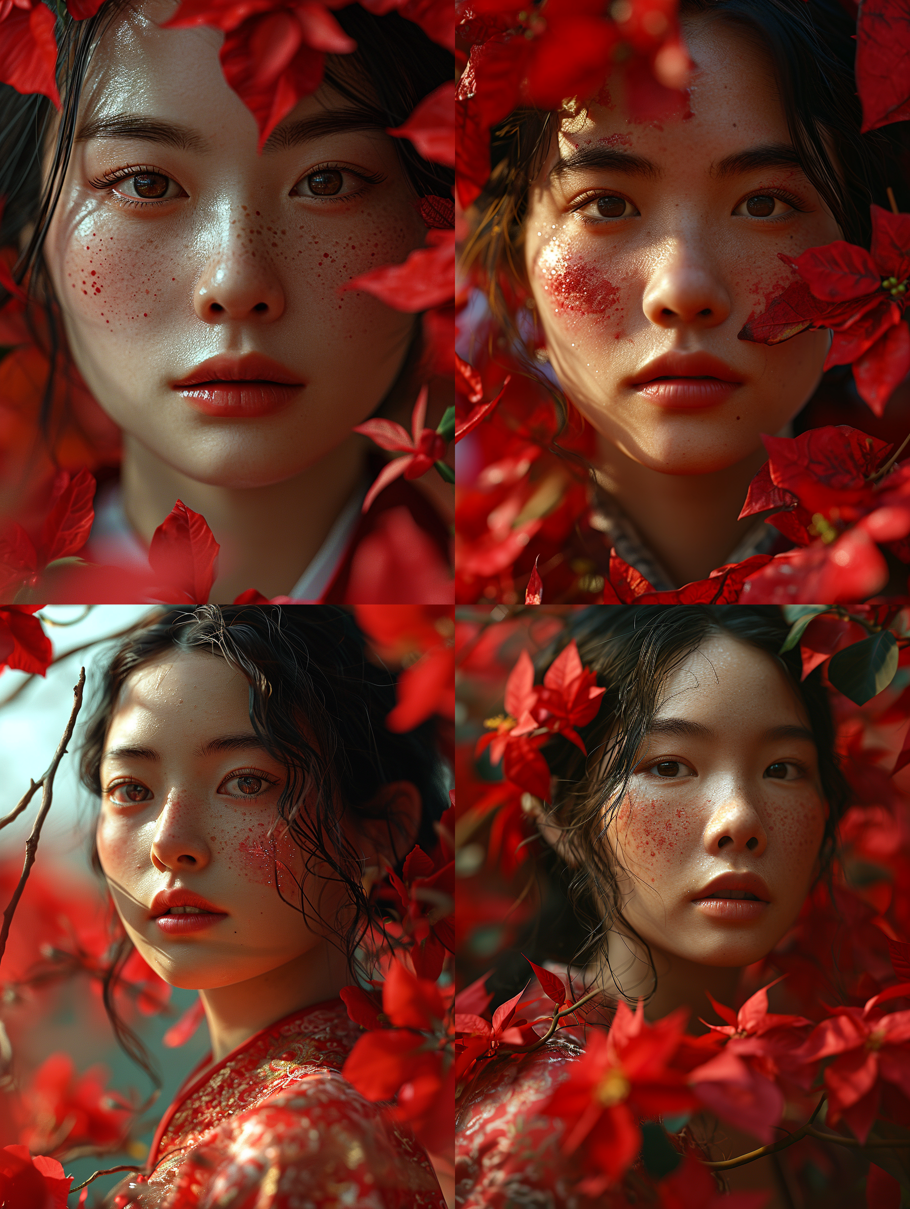 一位中国成年女性，被一品红绕着，花瓣纷飞，干净背景，底部透光，超级高分辨率，8k, 特写人脸，非常细致的眼睛和脸，细节照明，真实风格