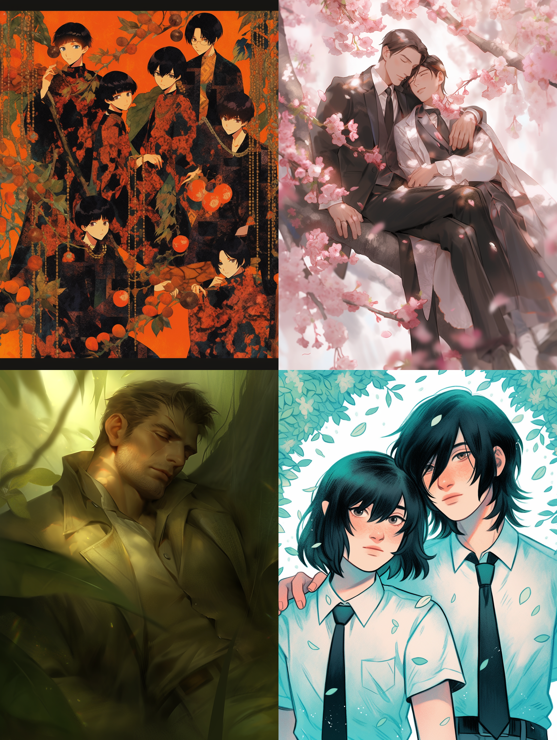 lawns, asians in suits, lying flat, art, grotesque aesthetics