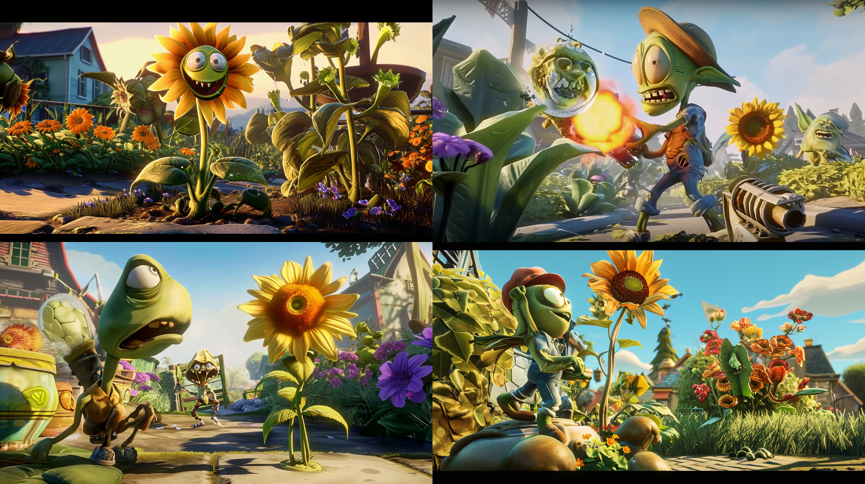 植物大战僵尸，在一个花园里，植物有豌豆射手、冰豆射手、还有向日葵