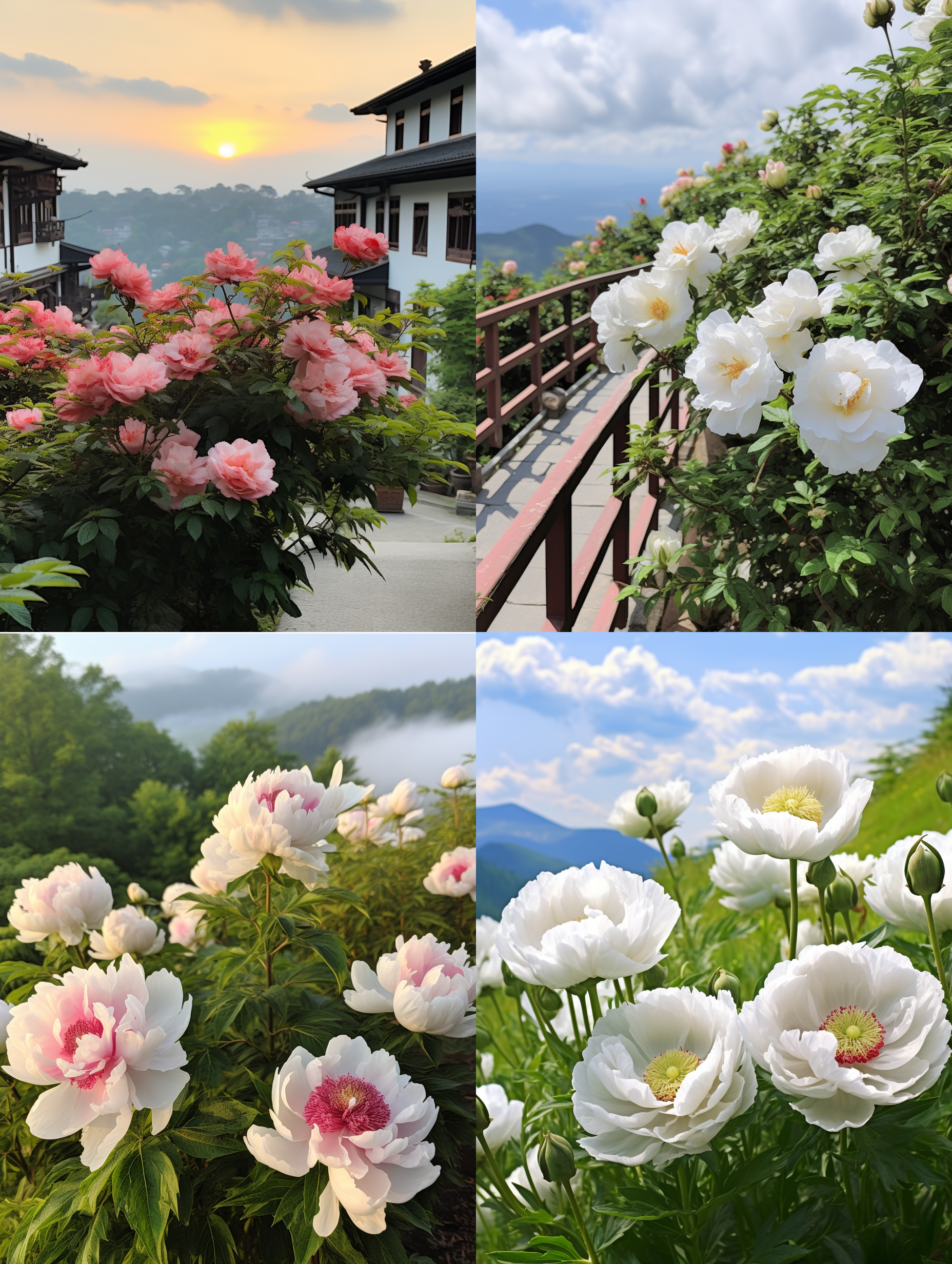 在广袤的山区地里生长着成片的芍药花，乡间小路上很多赏花的游客，远处的灌木林，乡村农民的二层房子在绿树间，远山，夕阳火烧云彩霞，专业风光摄影效果，8k画质，超高清晰度，顶级专业的风光摄影，构图符合专业摄影，中景镜头，全景