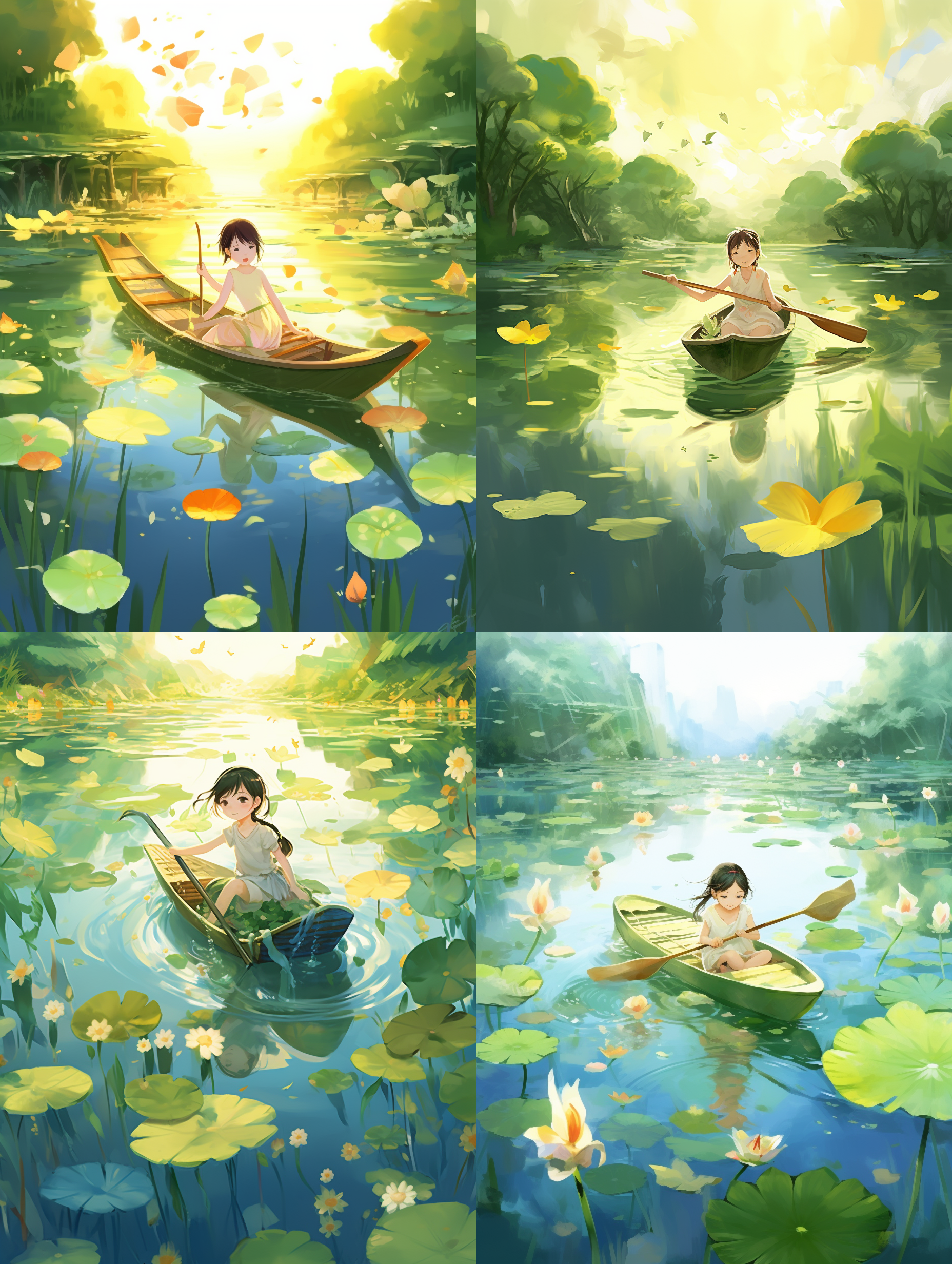 an enchanting depiction of the summer begins chinese solar term festival,a very cute little girl is rowing. ln summer, the colors of light green and light yellow are bright and sunny, creating a pleasant and relaxed atmosphere, colorful flow- ers,watercolor painting, sense of light,fairytale, fantasy, bright background, artwork, flat illustra- tion, victo ngai style, 16k ,super detailed ar 4:3 s 750 niji 5 传统媒体（手绘稿）