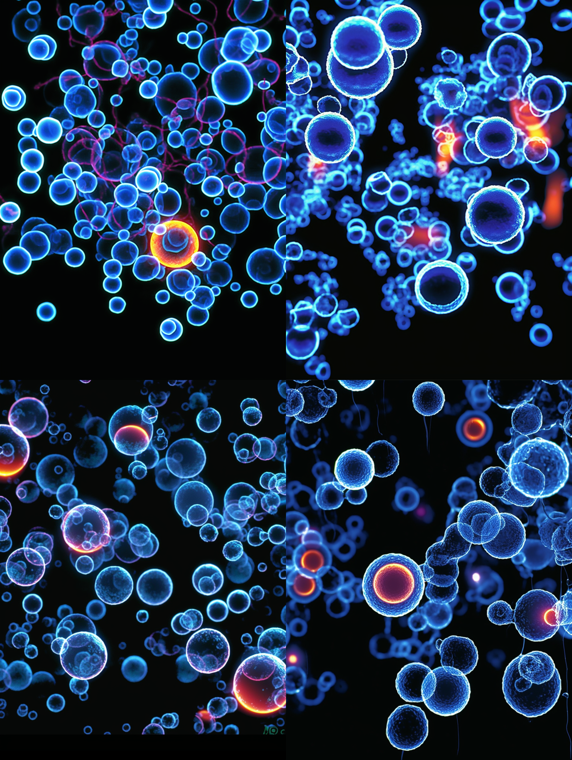 生成与参考图相同排布的立体细胞效果，要把细胞膜，细胞孔，细胞质，细胞枋，rna,dna,呈现体现出来，细胞的形态符合专业显微观察看到的细胞形态和行业细胞形态样式描述与定义，空间感和立体感突出，颜色饱和，细节层次丰富，专业c4d渲染，顶级画质和清晰度，8k超高清，细胞外光环的强度 