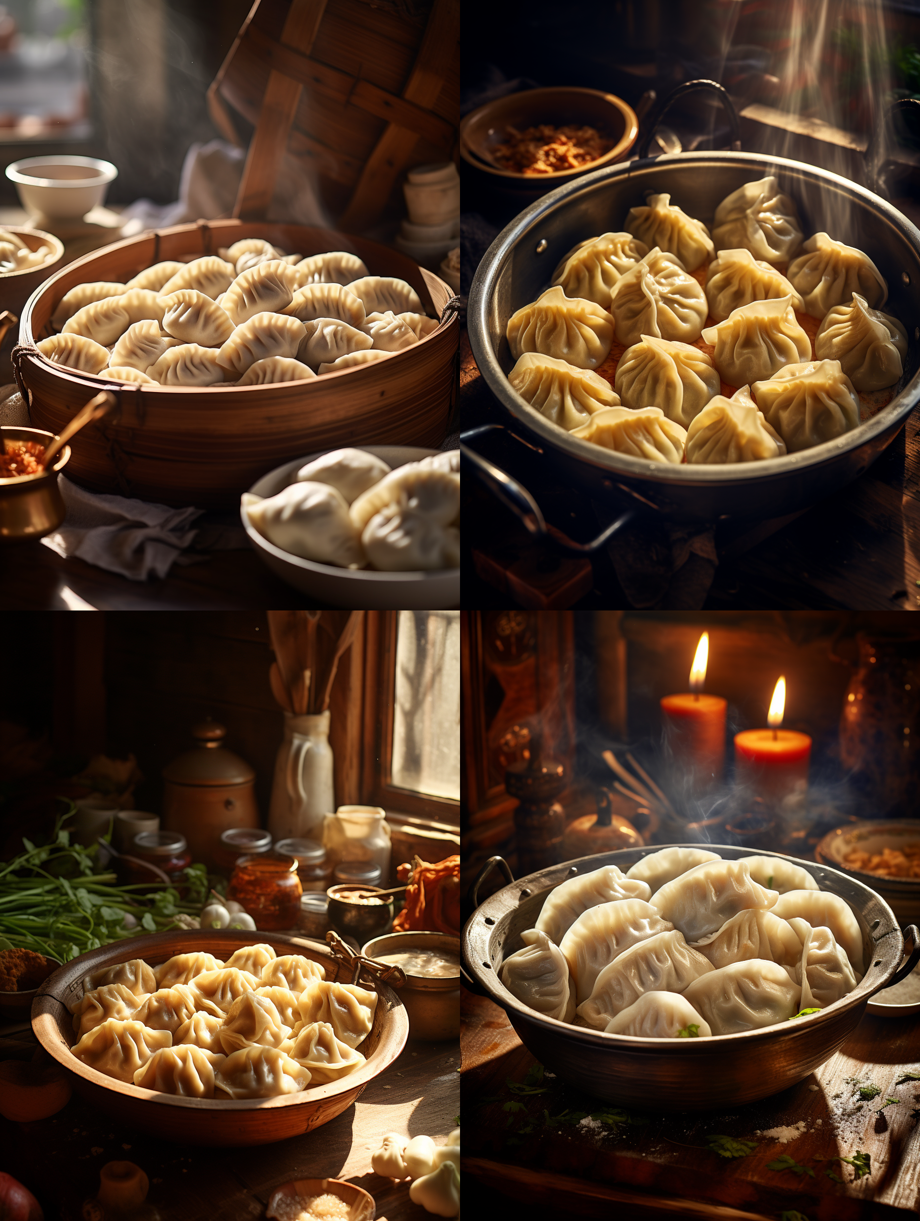 饺子，对角线构图，高饱和度，厨房内景，自然光，细节丰富，手工制作，多色调，美食摄影，温馨。
