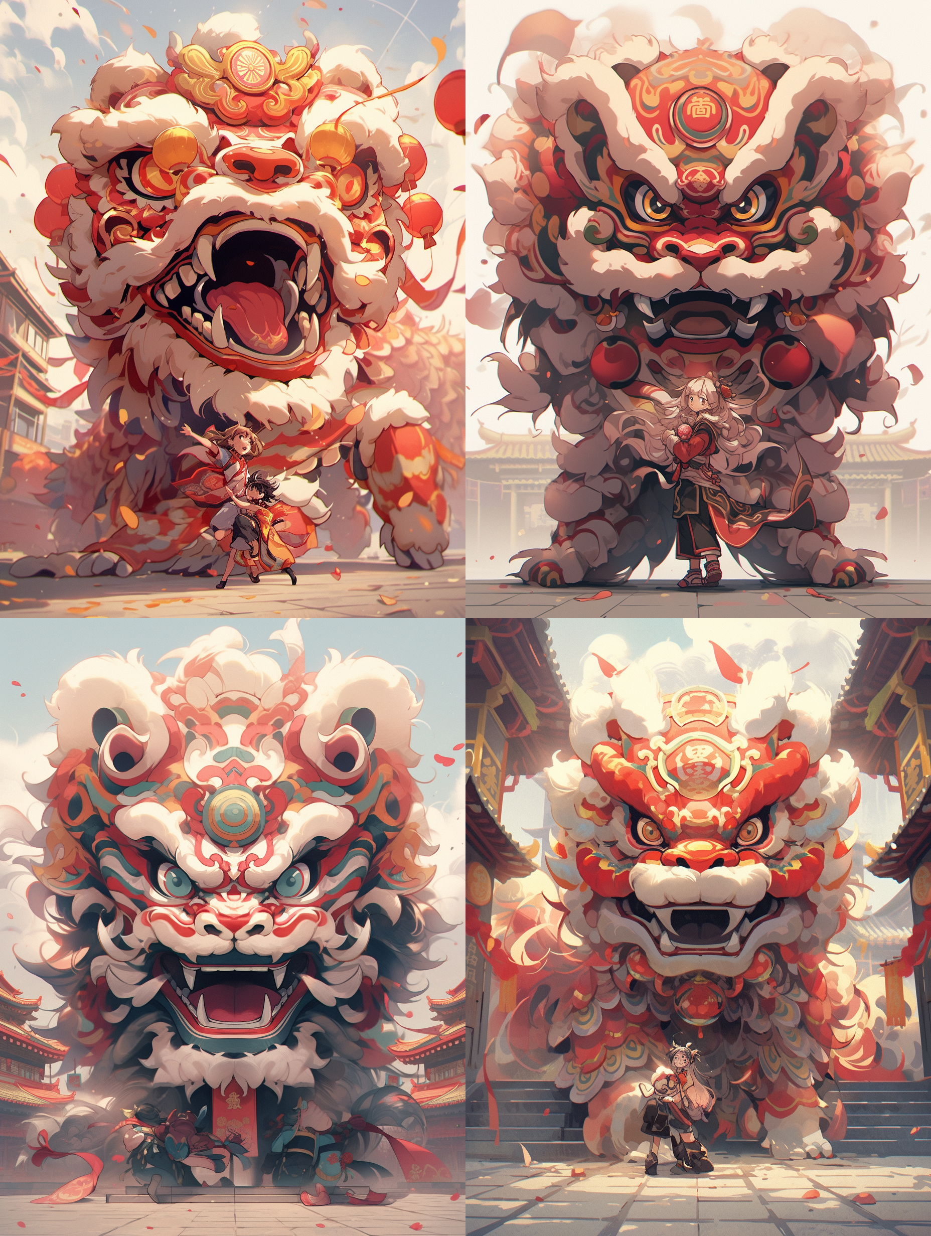 中国风舞狮在广场上，多色，背景纯色，动态优美，真实风格 