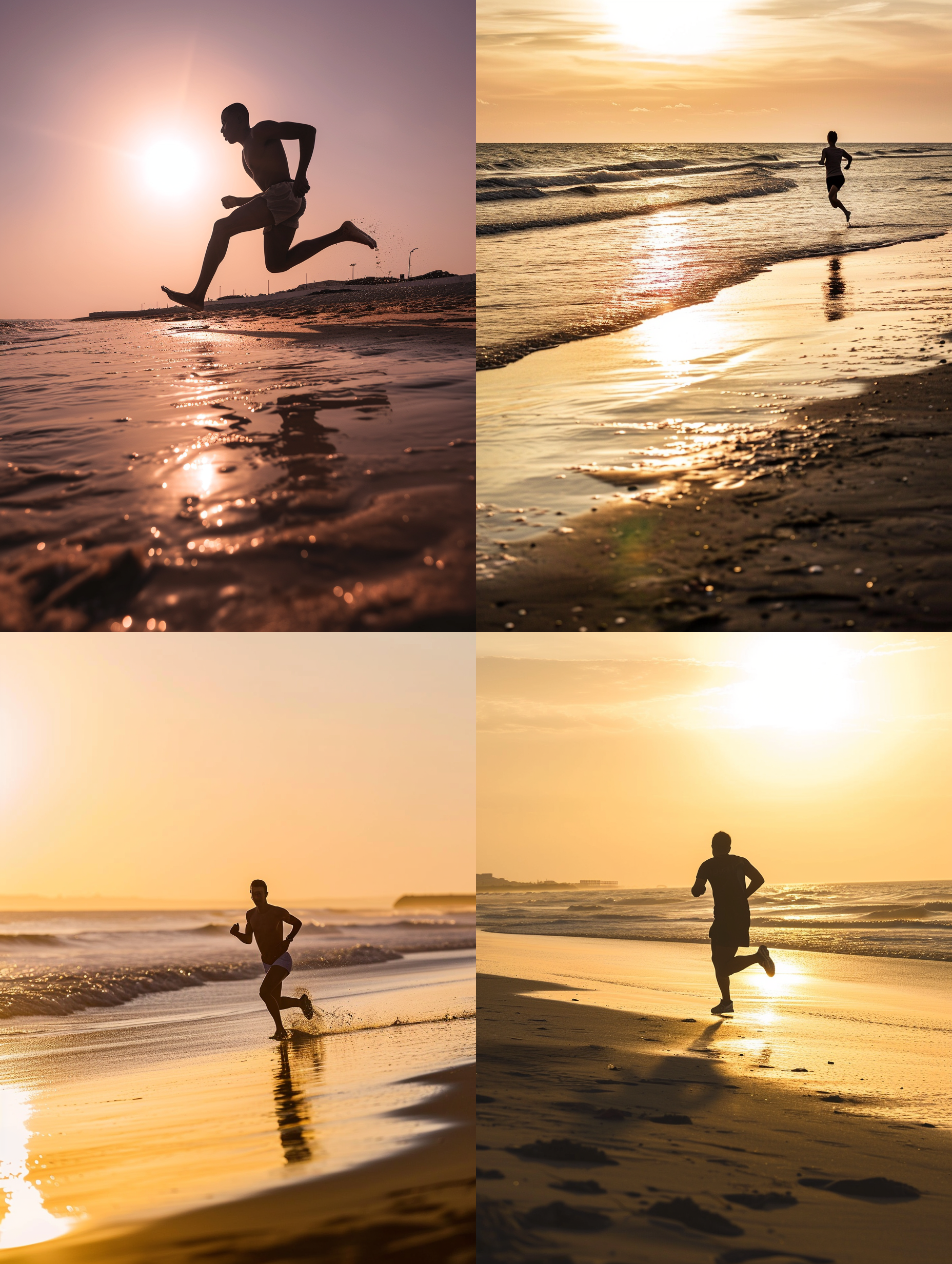 夕阳下，一名运动员独自奔跑在沙滩上。构图以对角线为主，突出动作和速度感。使用长焦镜头拉近视角，强调人物与夕阳的互动。光线柔和，呈现温暖的色调。运动员的表情充满力量和决心，整个画面充满活力和激情。
