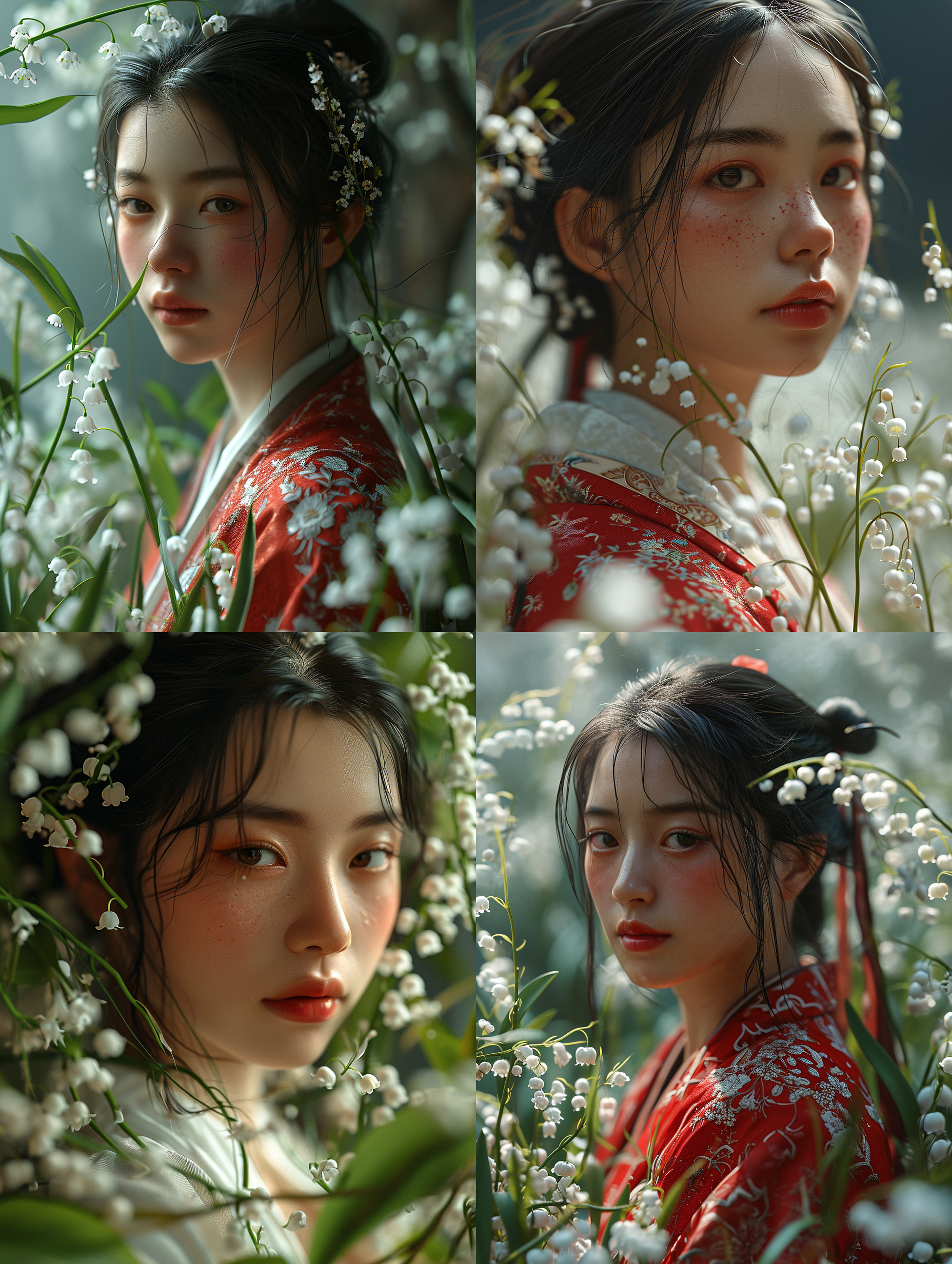 一个中国女士，被铃兰绕着，花瓣纷飞，干净背景，底部透光，超级高分辨率，8k, 特写人脸，非常细致的眼睛和脸，细节照明，真实风格 