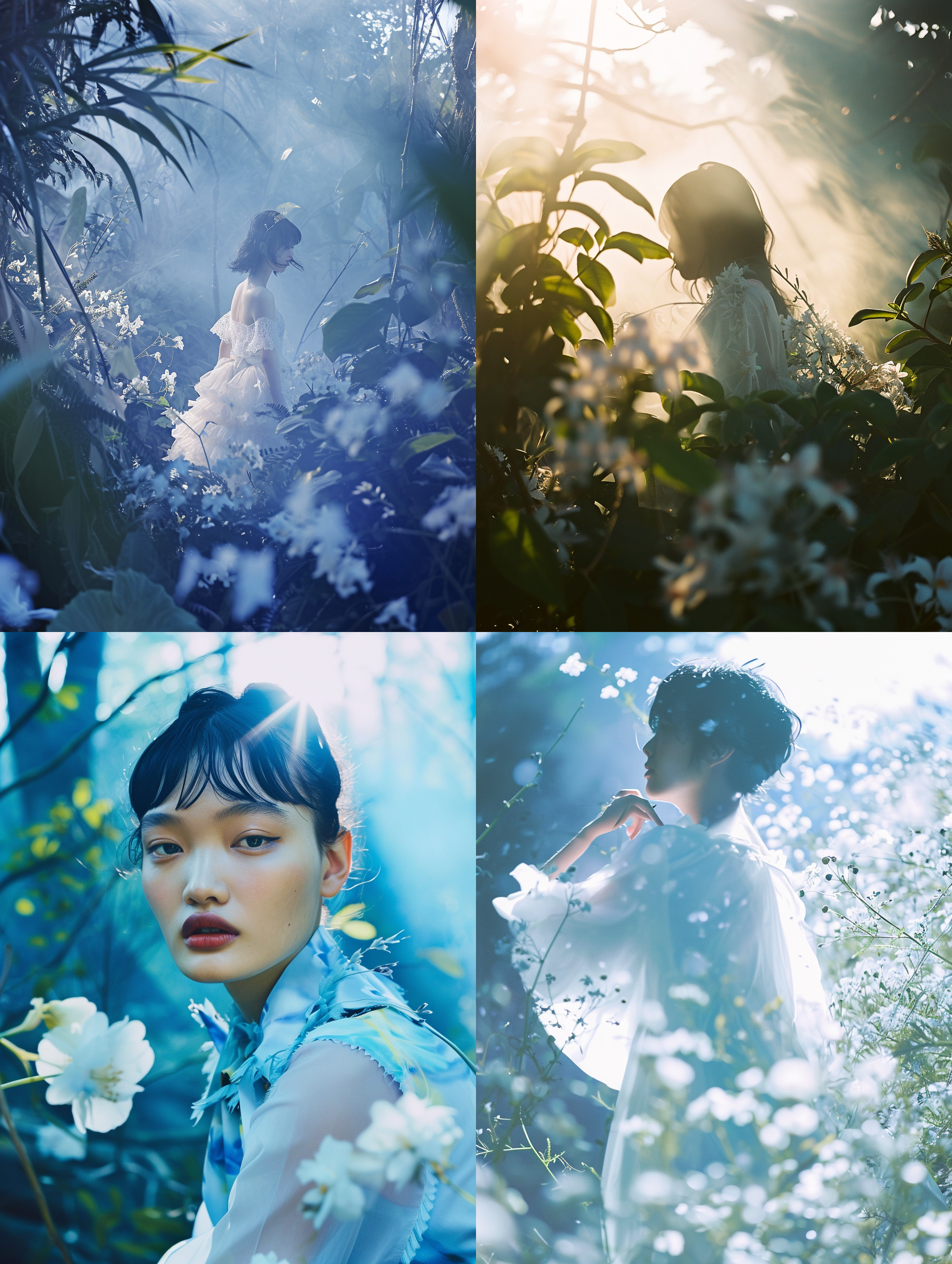 a woman,photography by rinko kawauchi,model nana komatsu in lightblue fantasy rainforest,with white flowers,backlight,golden hour,video screen capture