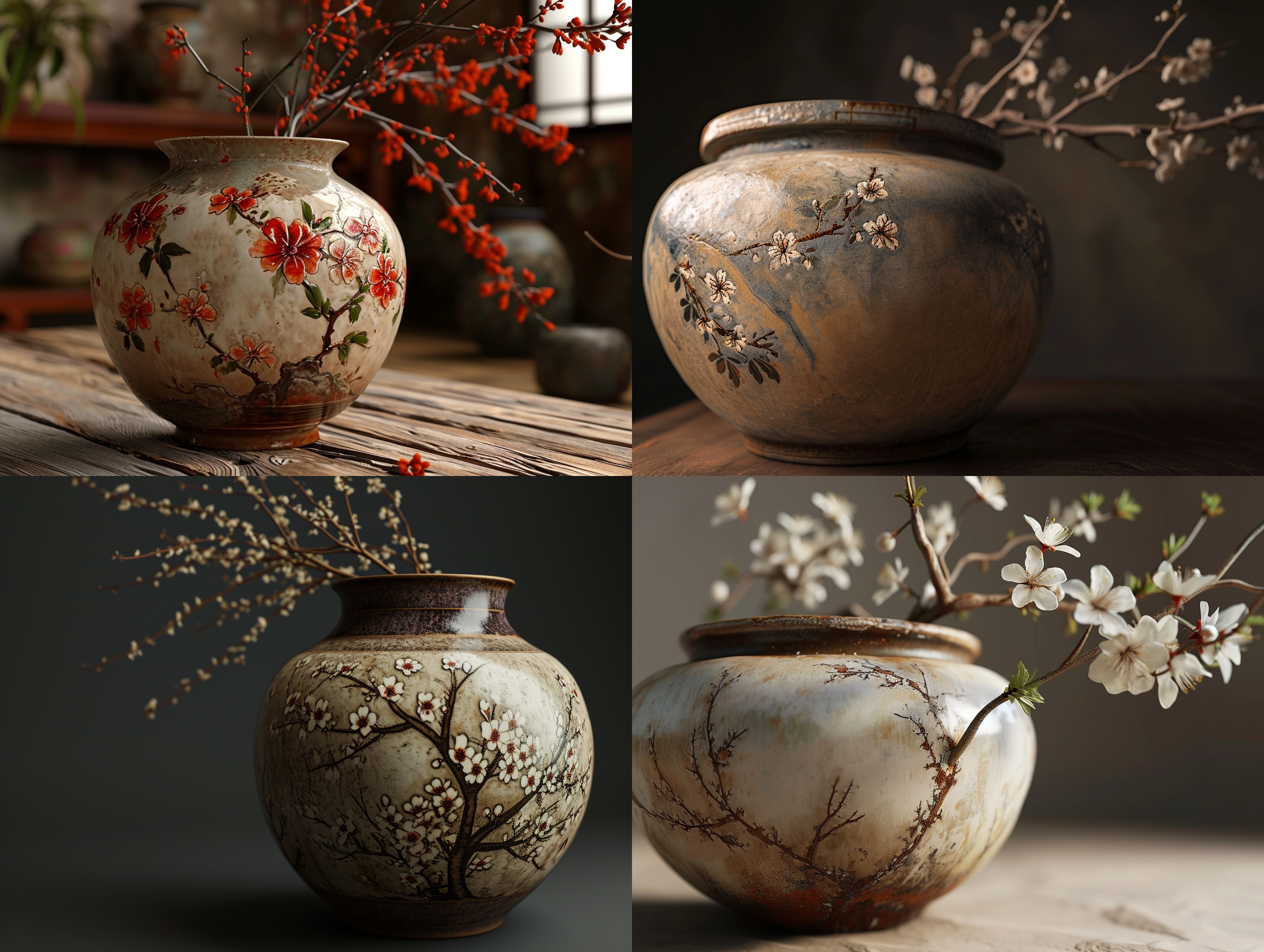 stoneware, crock, plum blossom pattern, antique, tang dynasty, super soft light, ultra detailed, photorealistic, 8k