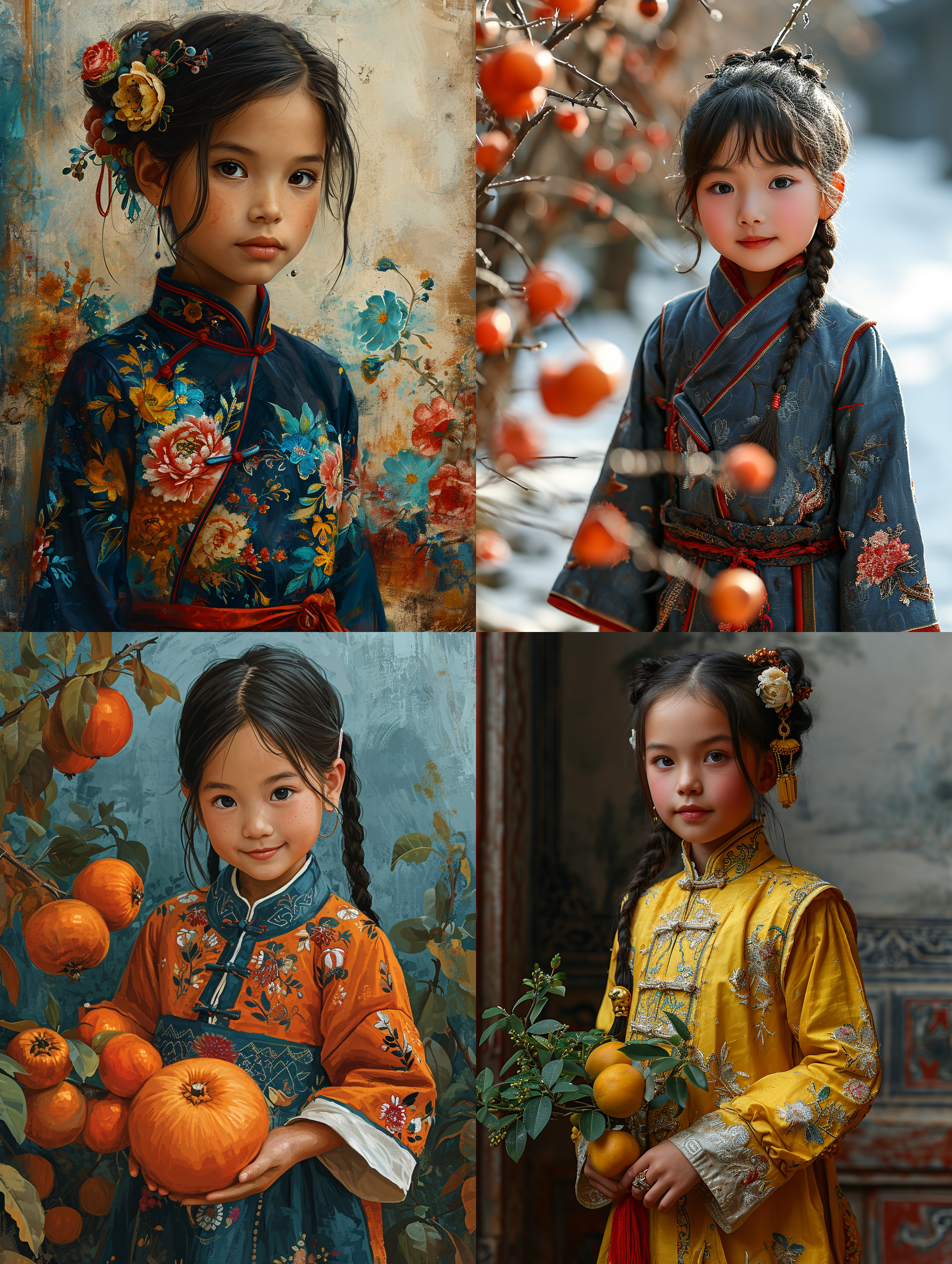 一个穿着中国旗袍的小女孩，手里拿着一个巨大的柿子，周围环绕着美丽的中国传统图案。采用中国传统版画、雕刻艺术、红绿配色、木刻版画风格，类似凯斯·哈林的风格，平面卡通，矢量插画风格，白色背景，3k ar3:4 niji 5s 200。