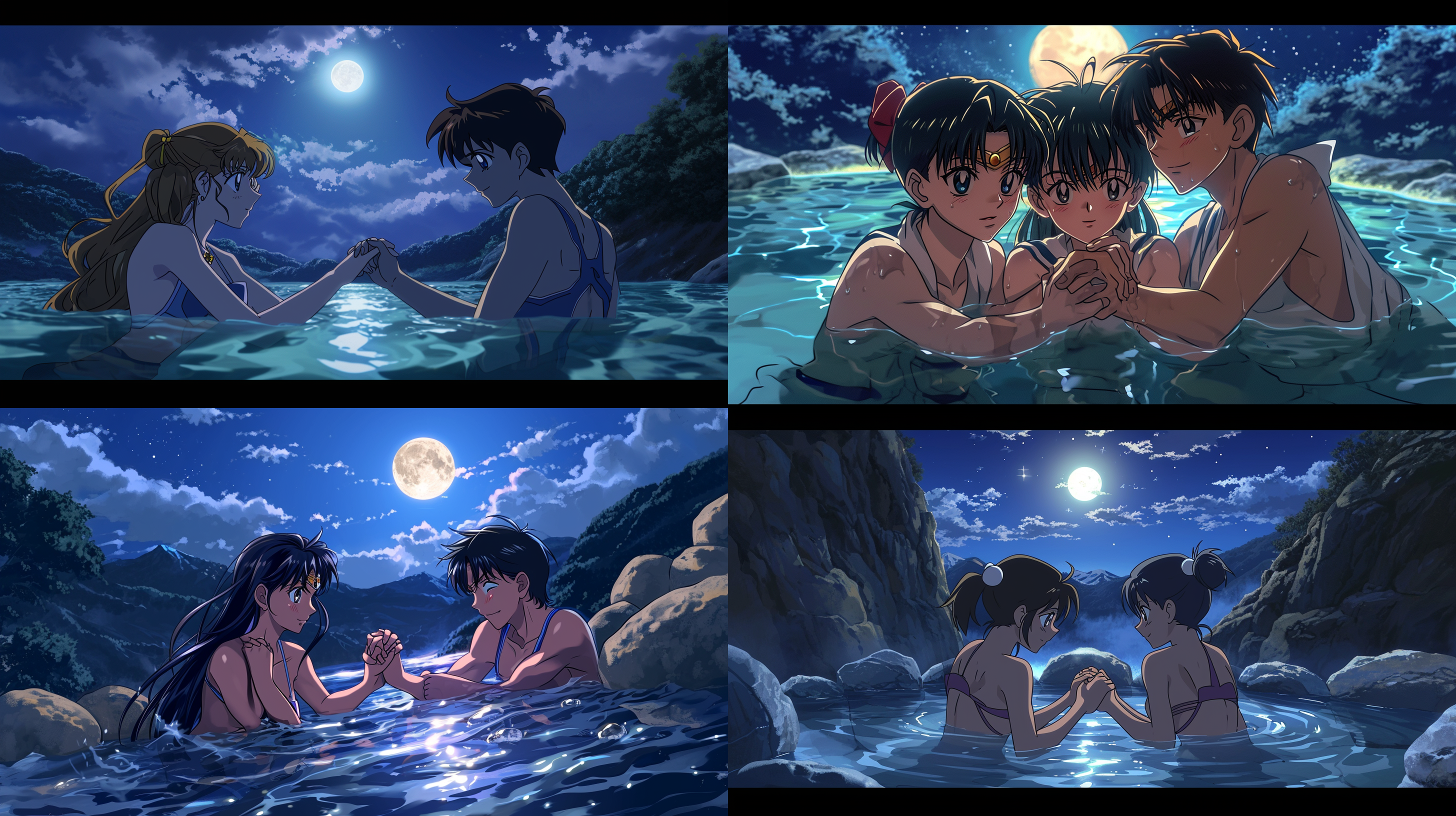 conan holds the hand of sailor moon with his left hand, and holds the hand of haibara ai with his right hand. under the moonlight, the three of them together enjoy funny in the hot spring