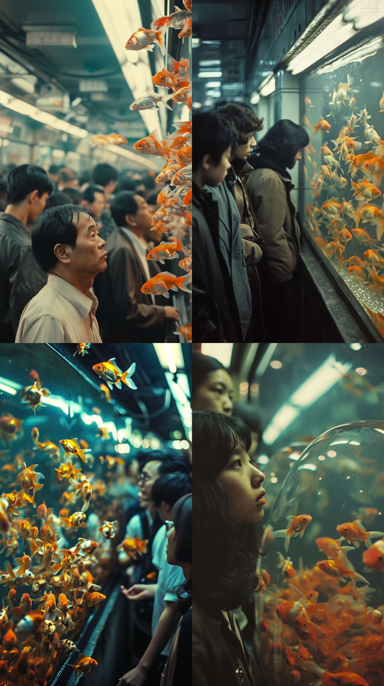 a lot of asian employees are in the subwaythe subway is crowded,and there is a fish tank in the subway, a lot of goldfish swimming in the air surreal, shot on kodak filmfilm color1980s