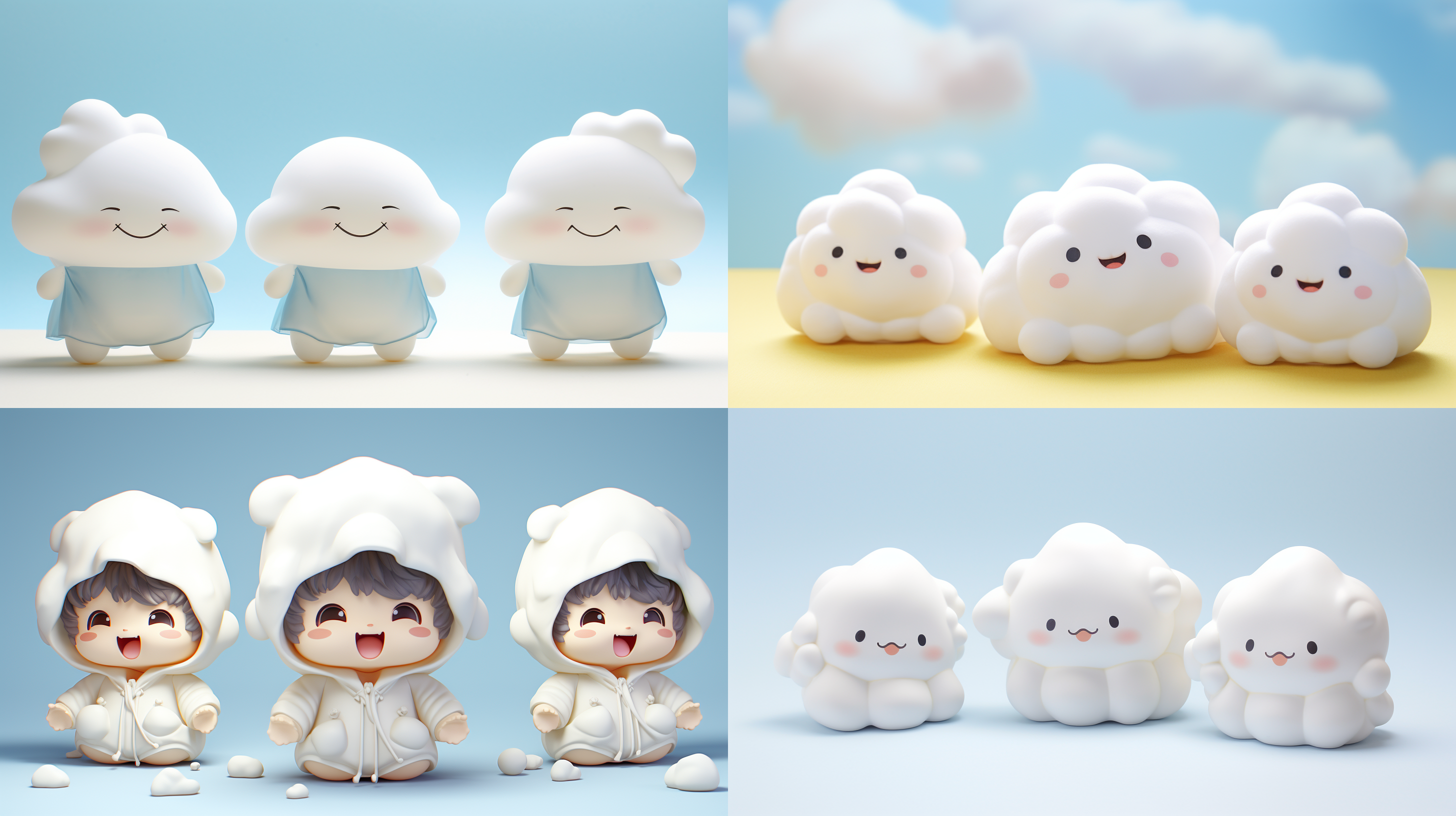 盲盒云朵形象ip设计，三视图，微笑，可爱，白白胖胖的形象，穿着不同的衣服