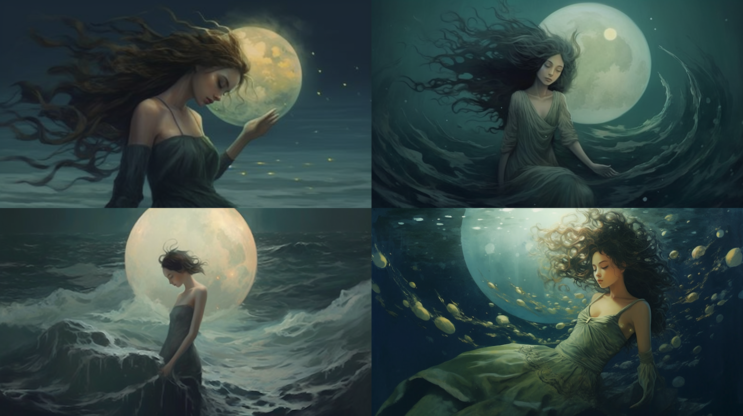 在海底，一个女孩双手捧着月亮，她的头发像海草随波荡漾，超现实主义风格，再带着一点丁达尔效应