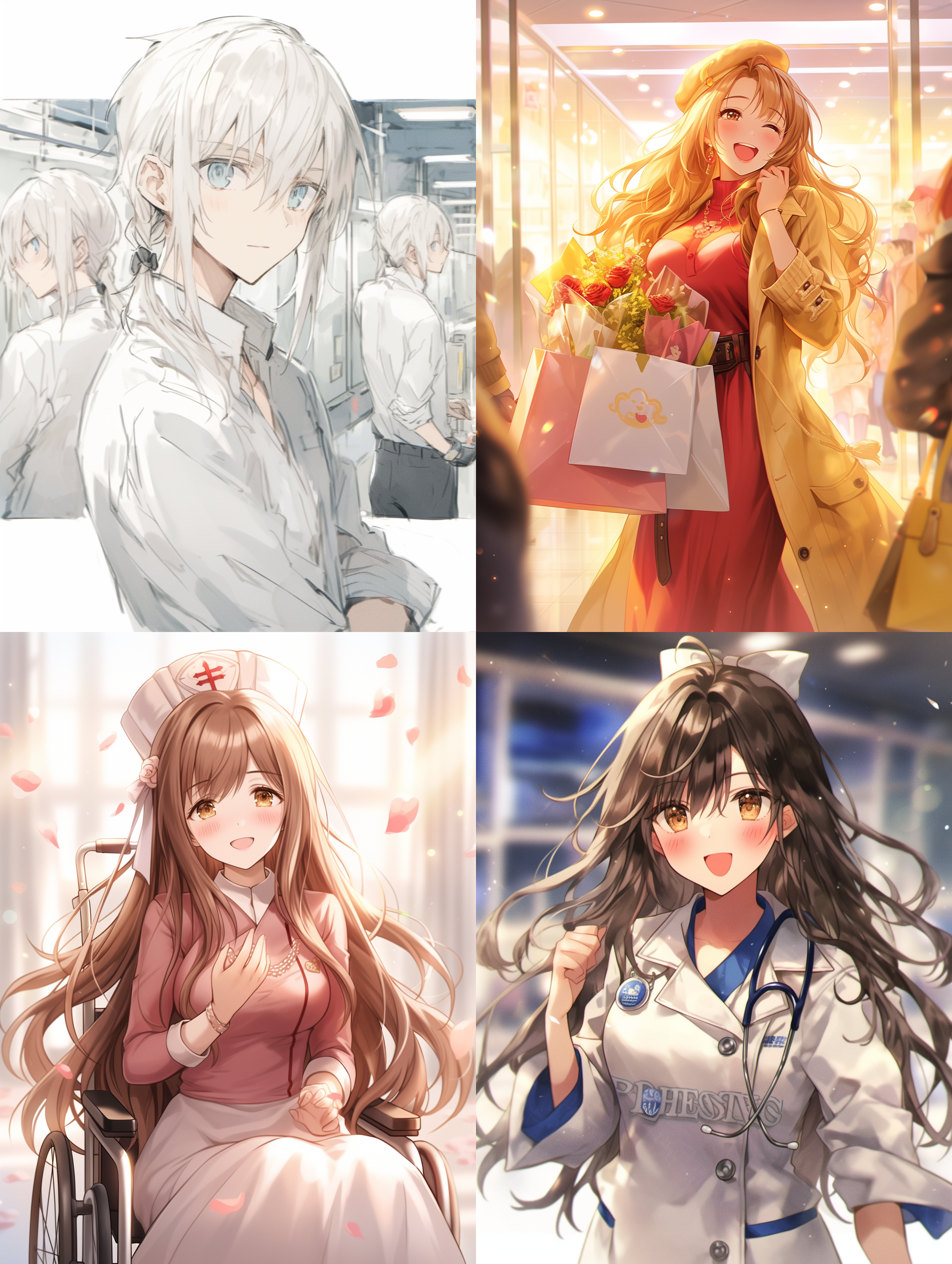 女护士，二次元插画，背景为医院走廊，透视布局，明亮的色彩，柔和的笔触，可爱的表情，戴着白色护士帽和制服，手持医疗器械，温柔地照顾病人，充满关怀。