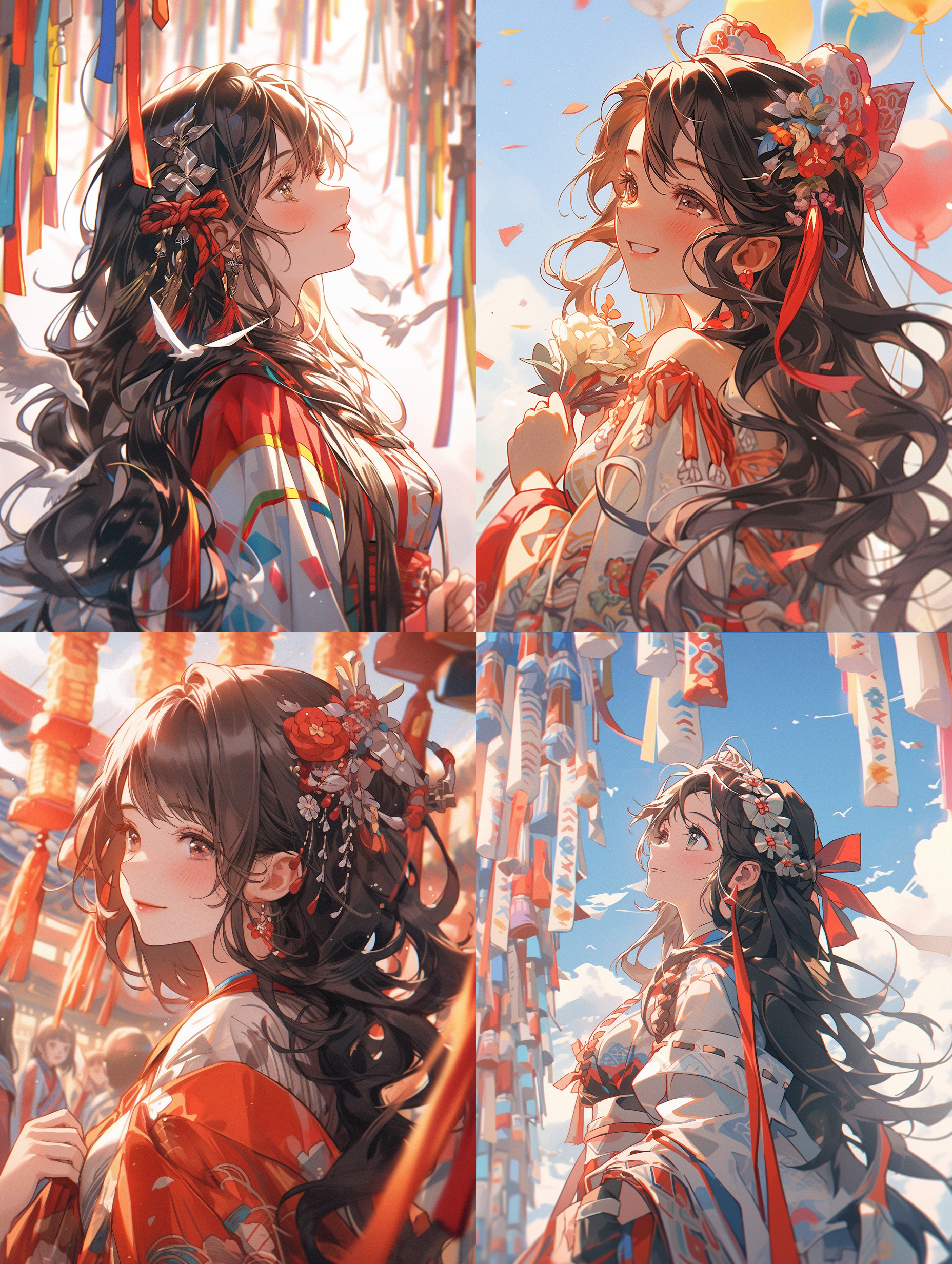 中国女士，仰头看向天空，天空下雨，彩色的飘带飘满天空，活泼可爱，真实风格