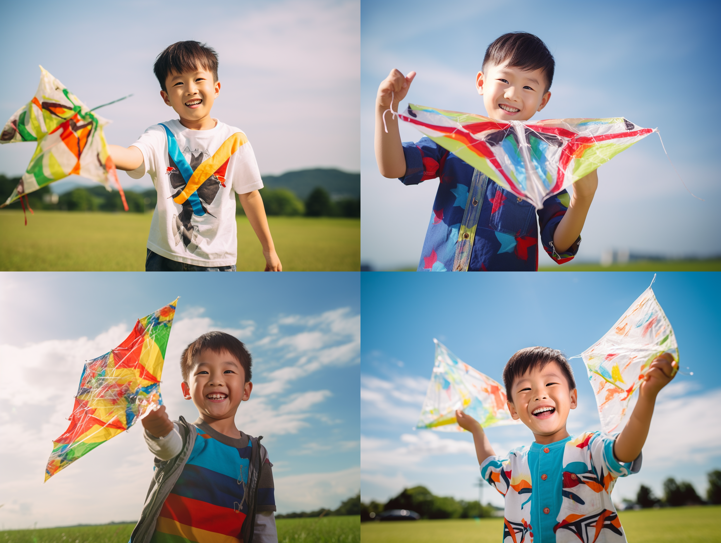 一个7岁中国小男孩手里拿着一只五颜六色的风筝，站在绿地上对着镜头微笑，阳光很好，蓝天白云，天空上飞着几只风筝，short exposure，wide-angle view，大场景，呈现出空间的深度，cinematic lighting，4k，realistic，hyper quality，vibrant，欢乐，自由，开心