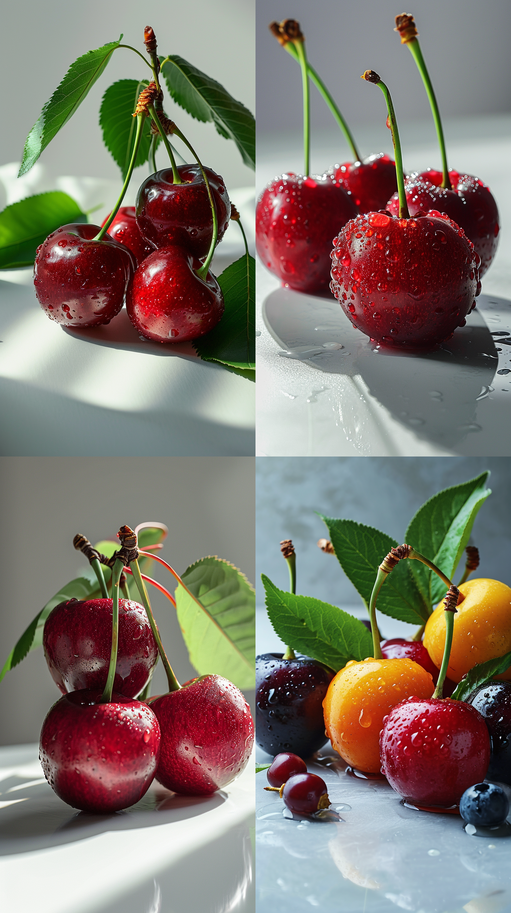 车厘子、矢量图、明亮的摄影棚灯光、白色背景、极简主义、微缩食品摄影、柔和的色彩混合