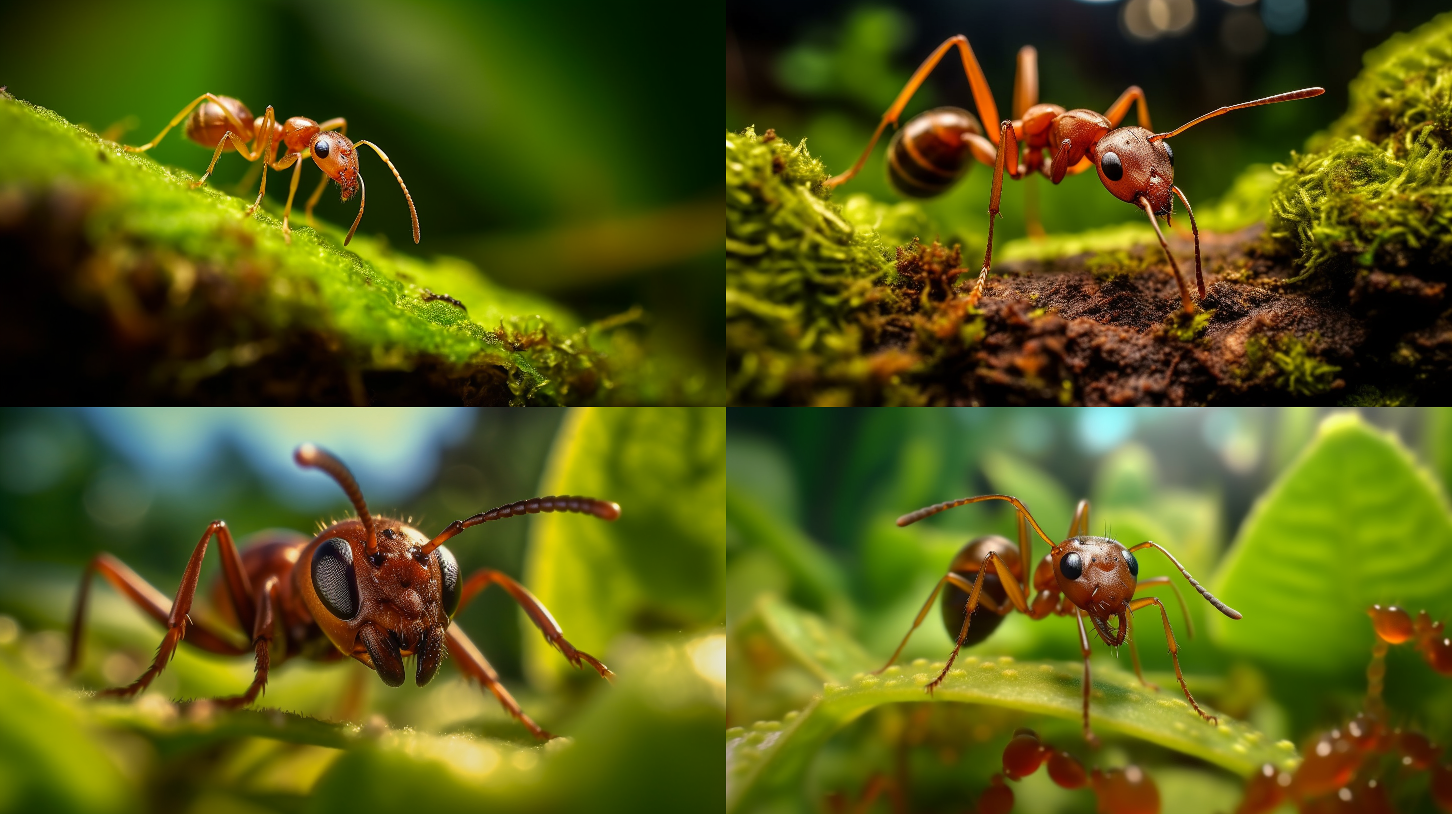 微距拍摄一只蚂蚁。蚂蚁在一个鲜绿的叶子上，背景是模糊的花朵和草地。使用宏镜头捕捉细节，富有纹理和锐利度。充足的自然光线照亮了场景，展现了微小生物的奇妙世界。色彩鲜艳，充满活力。 prompt. 微距，蚂蚁，鲜绿，模糊背景，宏镜头，细节，锐利度，自然光，微小生物，奇妙世界，色彩鲜艳，活力。