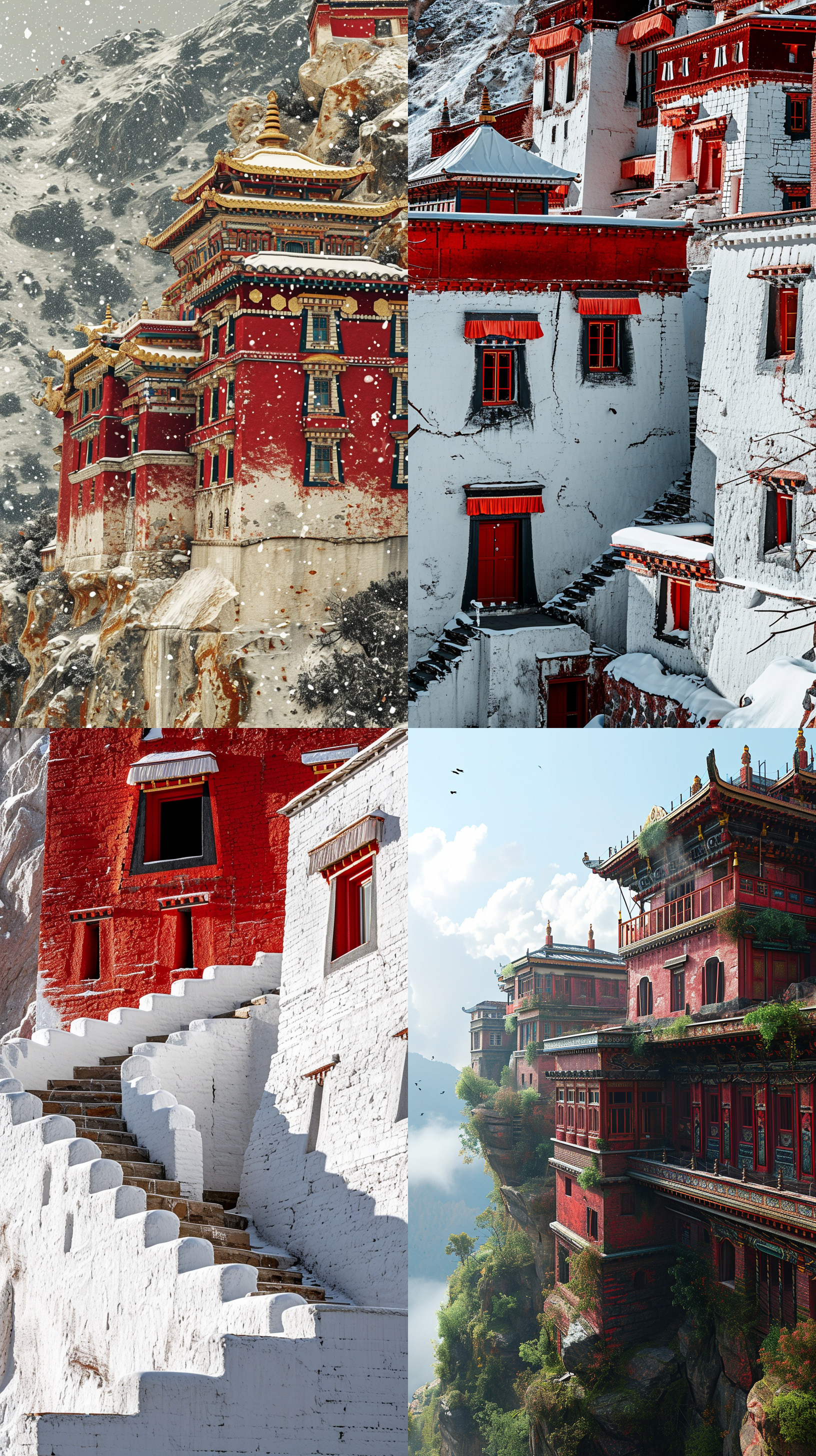 a shot of the tibetan fortress, in the style of abstracted architecture, white and red, pointillist optical mixing, ingrid baars, 32k uhd, visual harmony, serge marshennikov