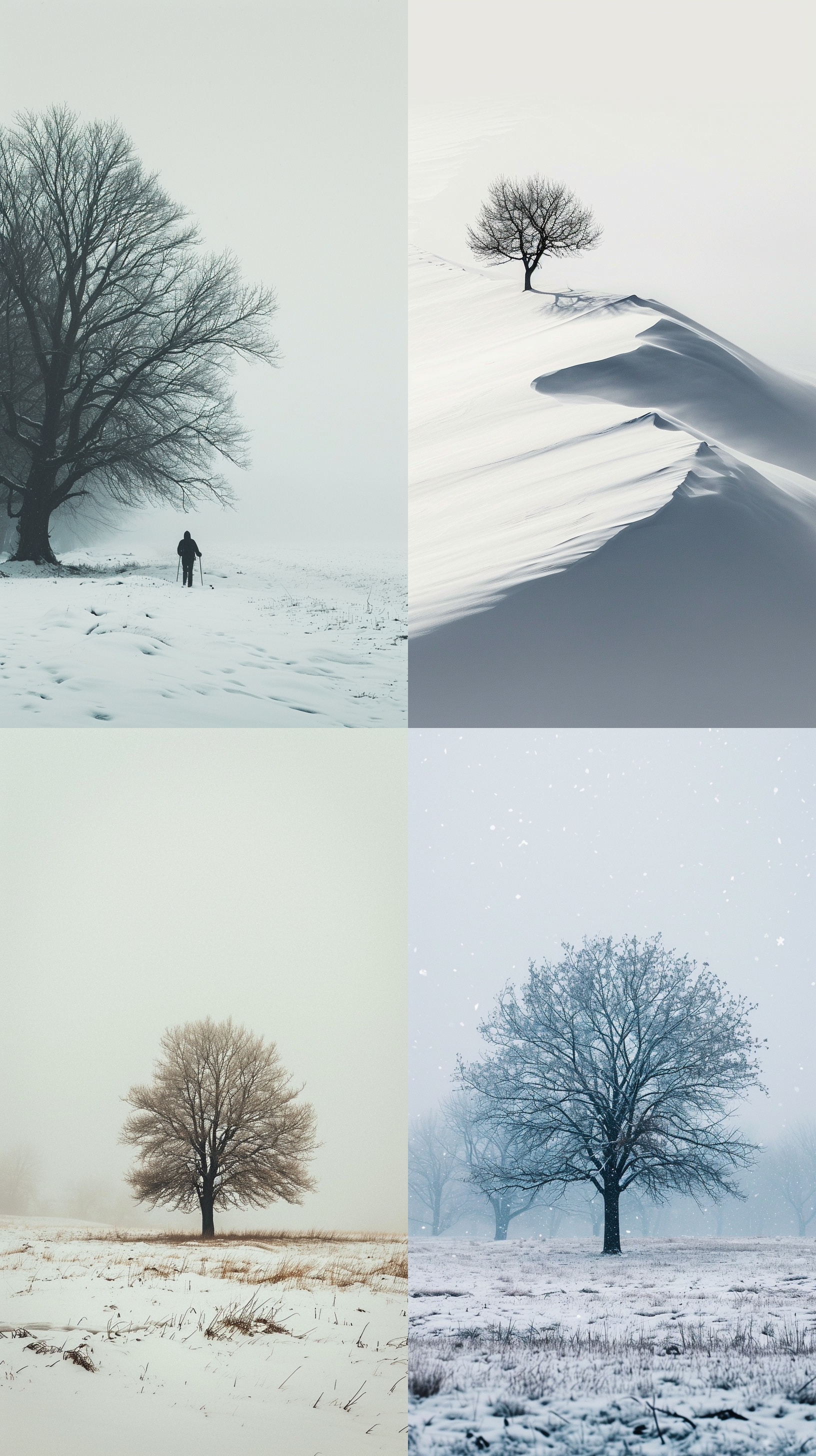 a tree is walking across the snow in the snow, hazy, foggy::2, endless snow, in the style of captivating documentary photos, akos major, monochrome landscapes, intricately mapped worlds, documentary travel photography, layered lines, time-lapse photography, nikon d850