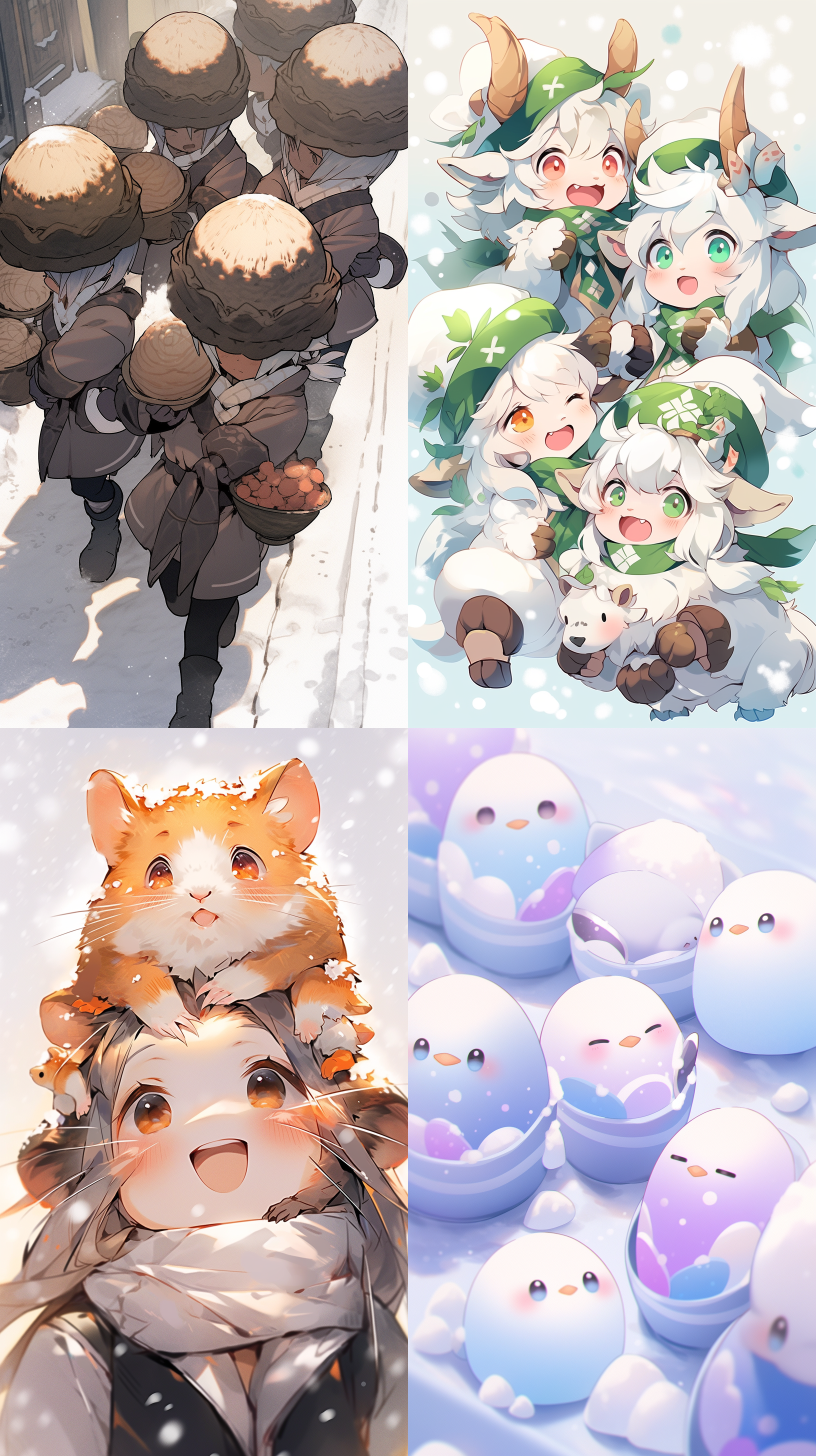 a group of small potatoes, anthropomorphic, wearing hats, playing happily in the snow