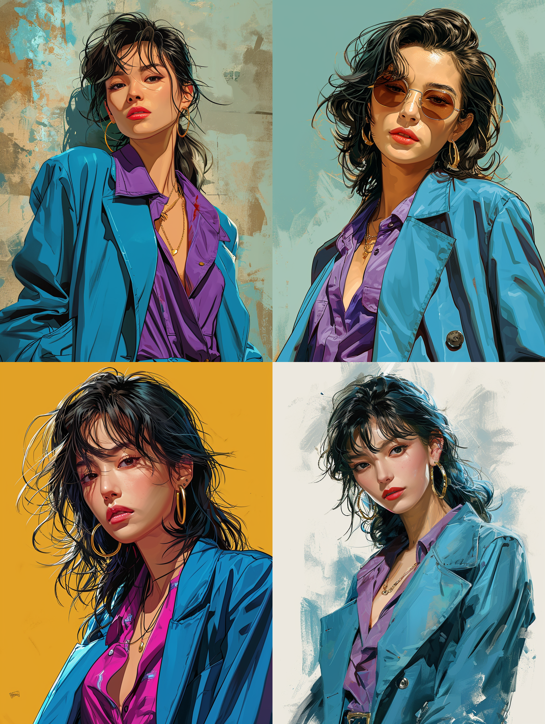 中国成年女性，美女，又飒又帅，身穿蓝色西装外套，紫色衬衫，粗线条，1980s,，美式漫画风格，8k，高品质 