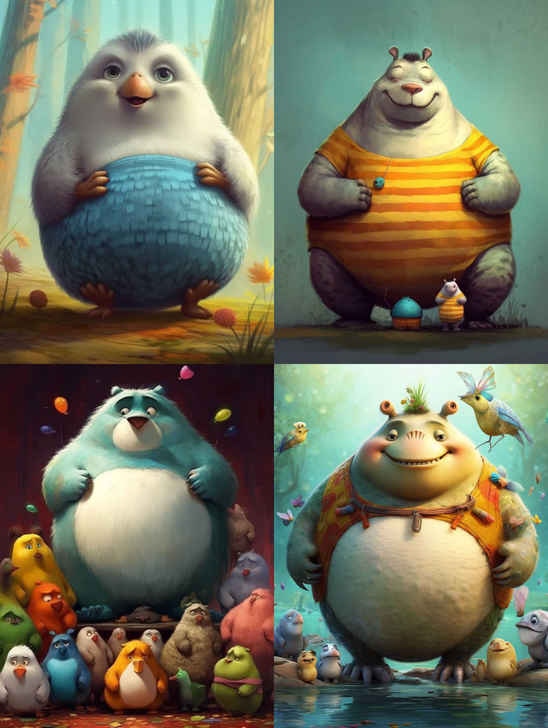 fat animals, very cute, clean background, cute painting style, cartoon characters,