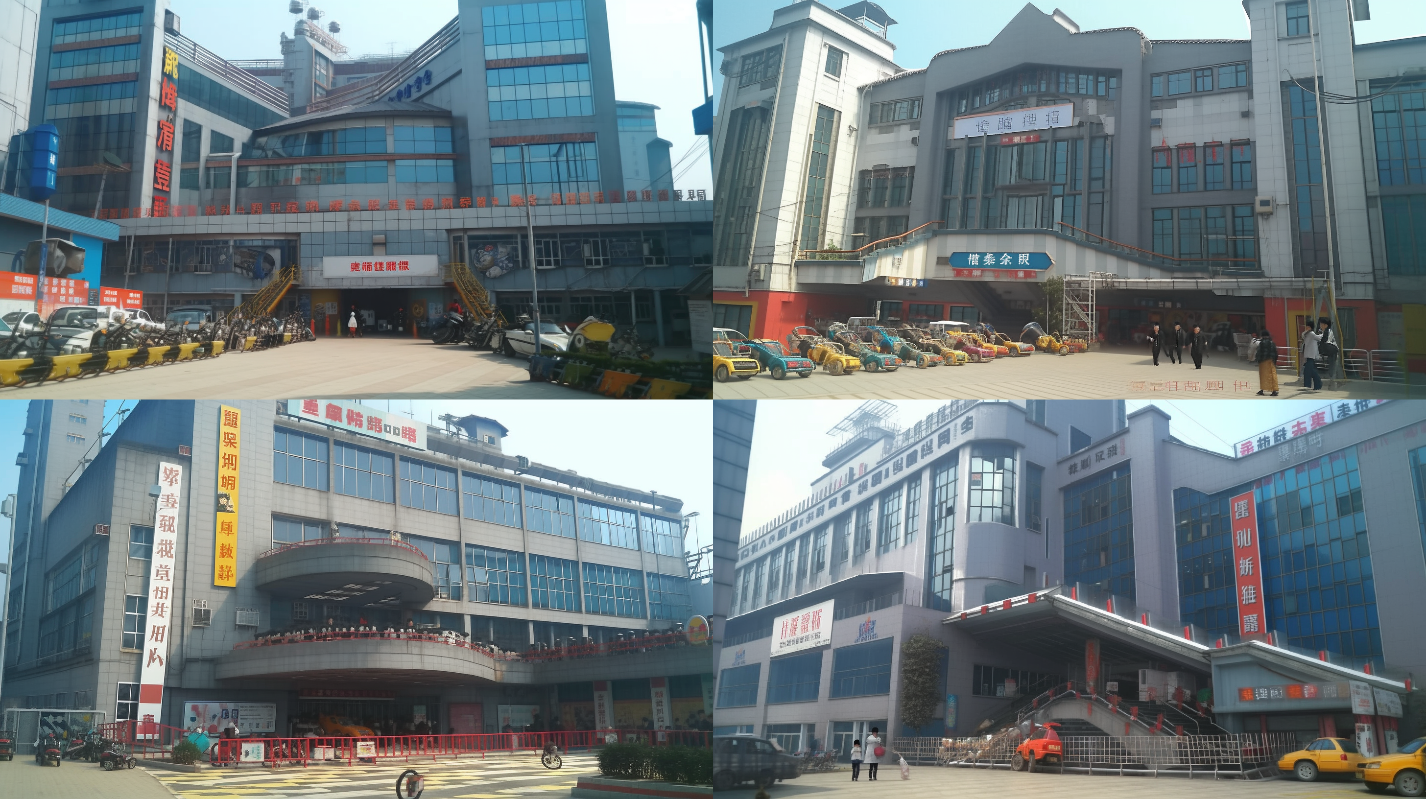a large building with a lot of windows and people walking around it in front of it and a few motorcycles parked in front of it, ultra wide angle, a detailed matte painting, adrian zingg, neoplasticism