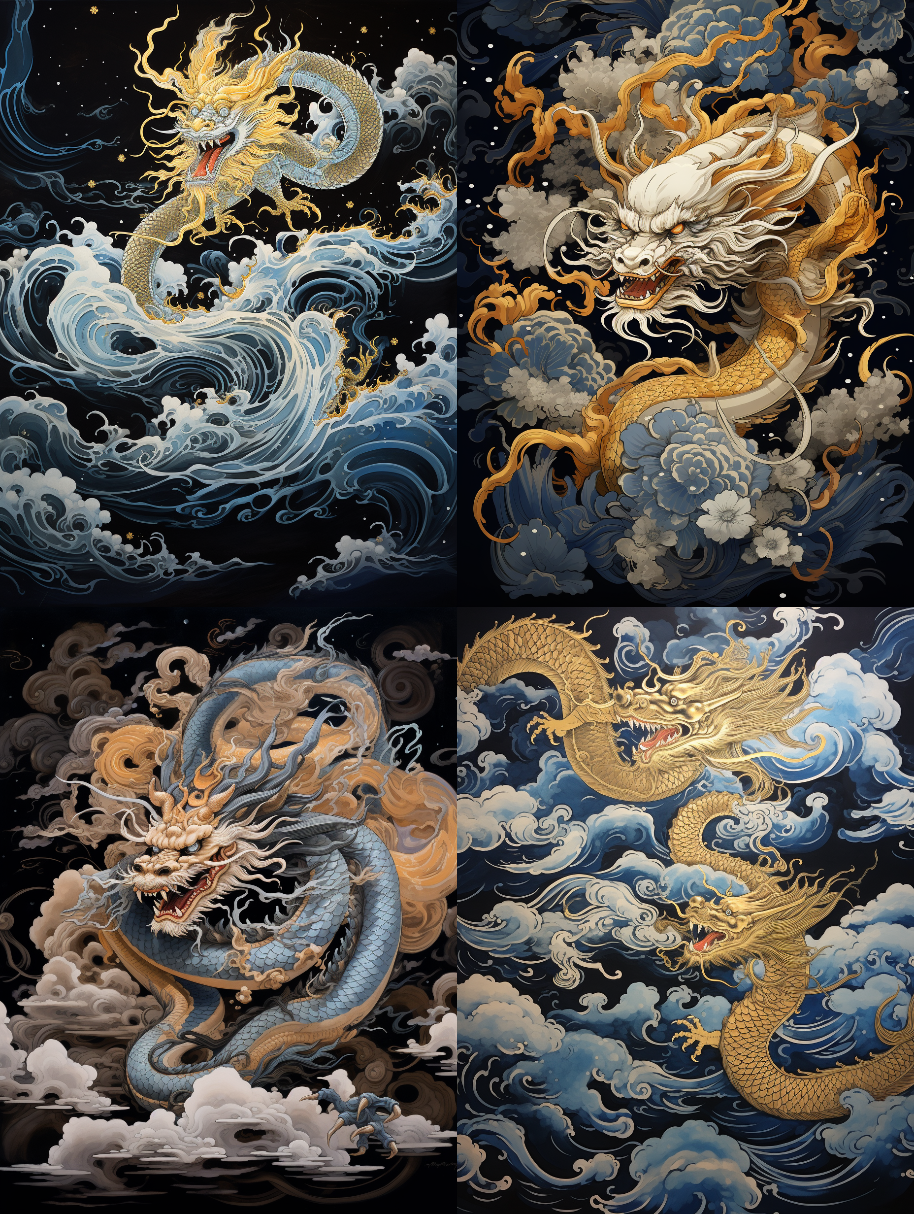 一幅线描中国画图，线描有粗有细，有金黄龙，有蓝色祥云，很有动感，黑底色，