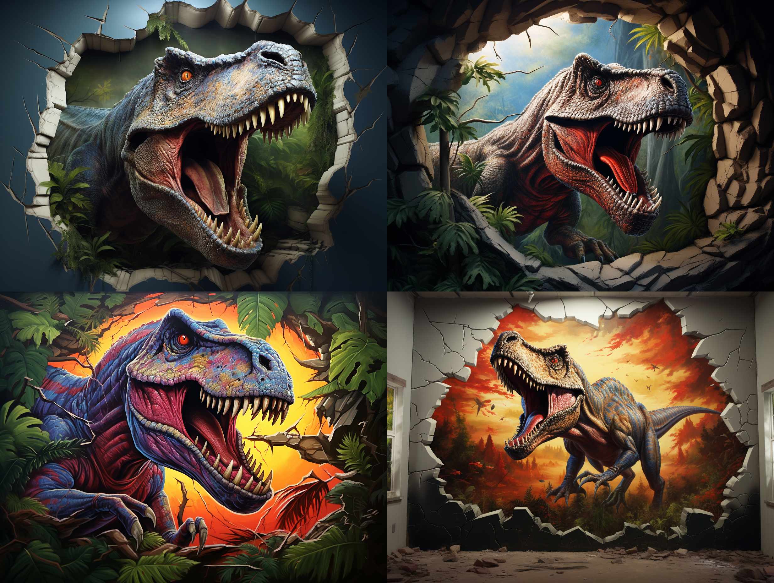 恐龙墙绘，立体画，逼真细节，丛林背景，头部撞破窗户伸进室内张望，饱和色彩，广角镜头，逆光，奔跑姿态，巨大身影，震撼感。 