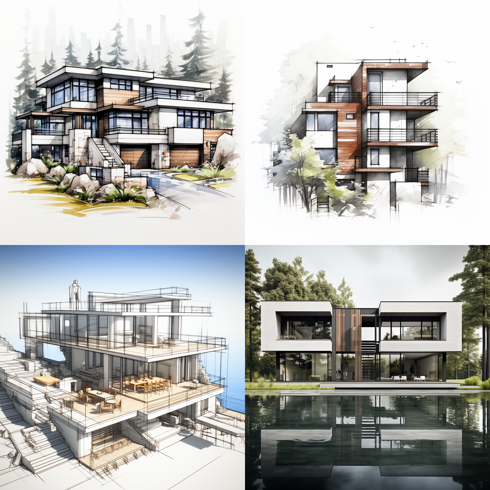 这是我的建筑草稿立面，有黑线的是建筑正面，请你给我以所画黑线的那种简约风格出一张建筑效果图，我想要通透一点，现代一点，可以加上你自己的修改，窗户的位置你可以自己加，外形不要改变，只出立面效果图，要彩色的