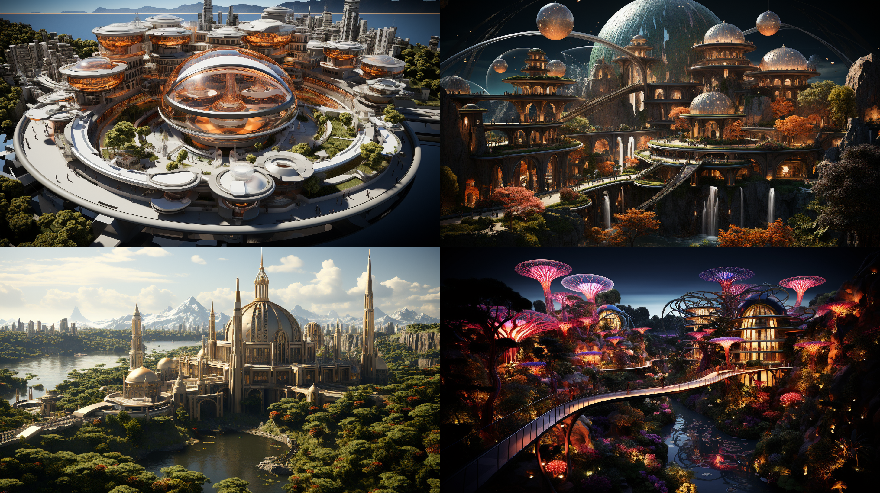 以参考图片的场景状态为标准，生成一个夕阳晚霞下的超级科幻超大规模的城市主题公园的航拍全景，高空航拍远镜头，场面规模宏大，壮观，充满突科幻感的主题雕塑，各种儿童游乐设施，儿童梦幻城堡，代充满未来科技感的科技馆建筑，迪斯尼风格的设施和建筑，大片的多彩景观绿化和景观绿植，体现生态环保的理念，具有顶级的画质和艺术美感，建筑具有未来感和高科技之感，色彩层次丰富，细节丰富逼真，超写实，8k 超高清晰度 