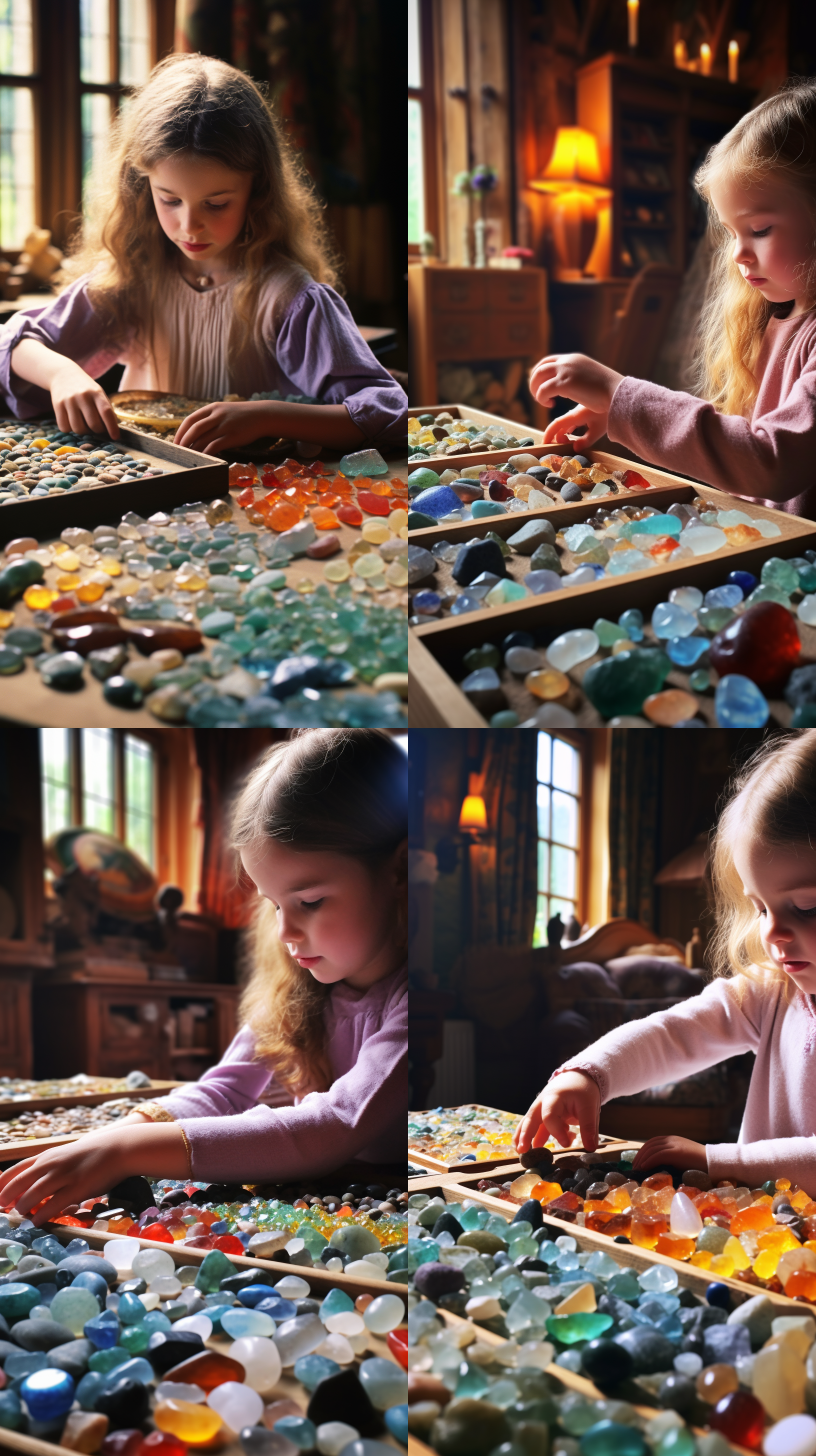 一个英国小女孩在挑选小宝石、小玉石和小块的漂亮的岩石，这些宝石、玉石和岩石经过抛光打磨，颜色鲜艳，品种丰富，房间光线明亮