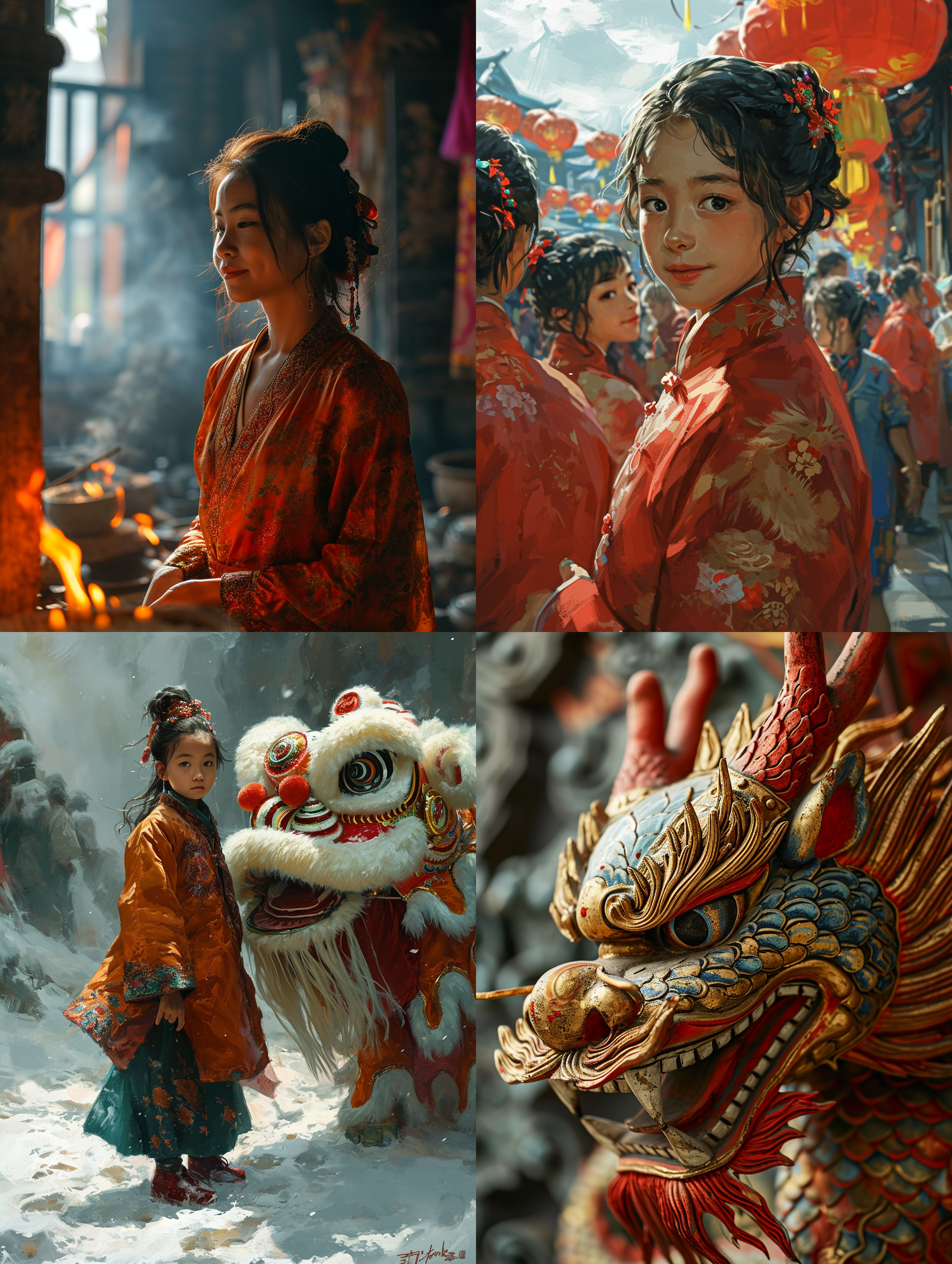 中国女孩在舞动中国风舞狮，真实风格