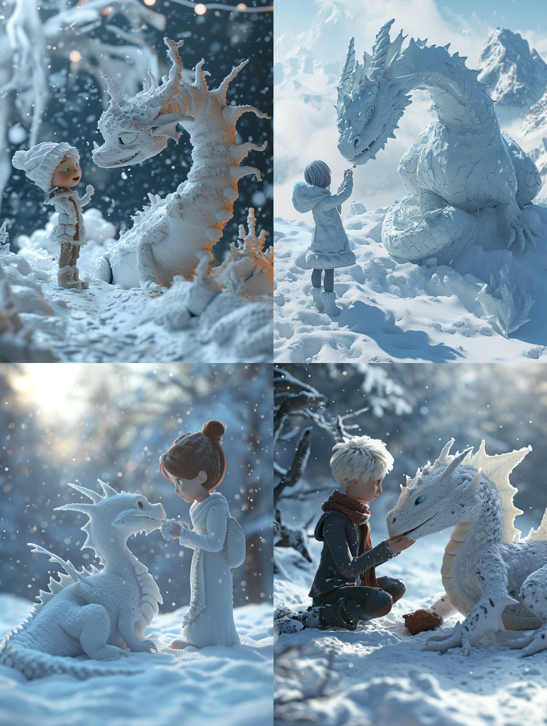 cute girl bulding a snow dragon,oriantal dragon made of snow, dragon out of snow, blender,3d render, in pixar style,rich color,white tone