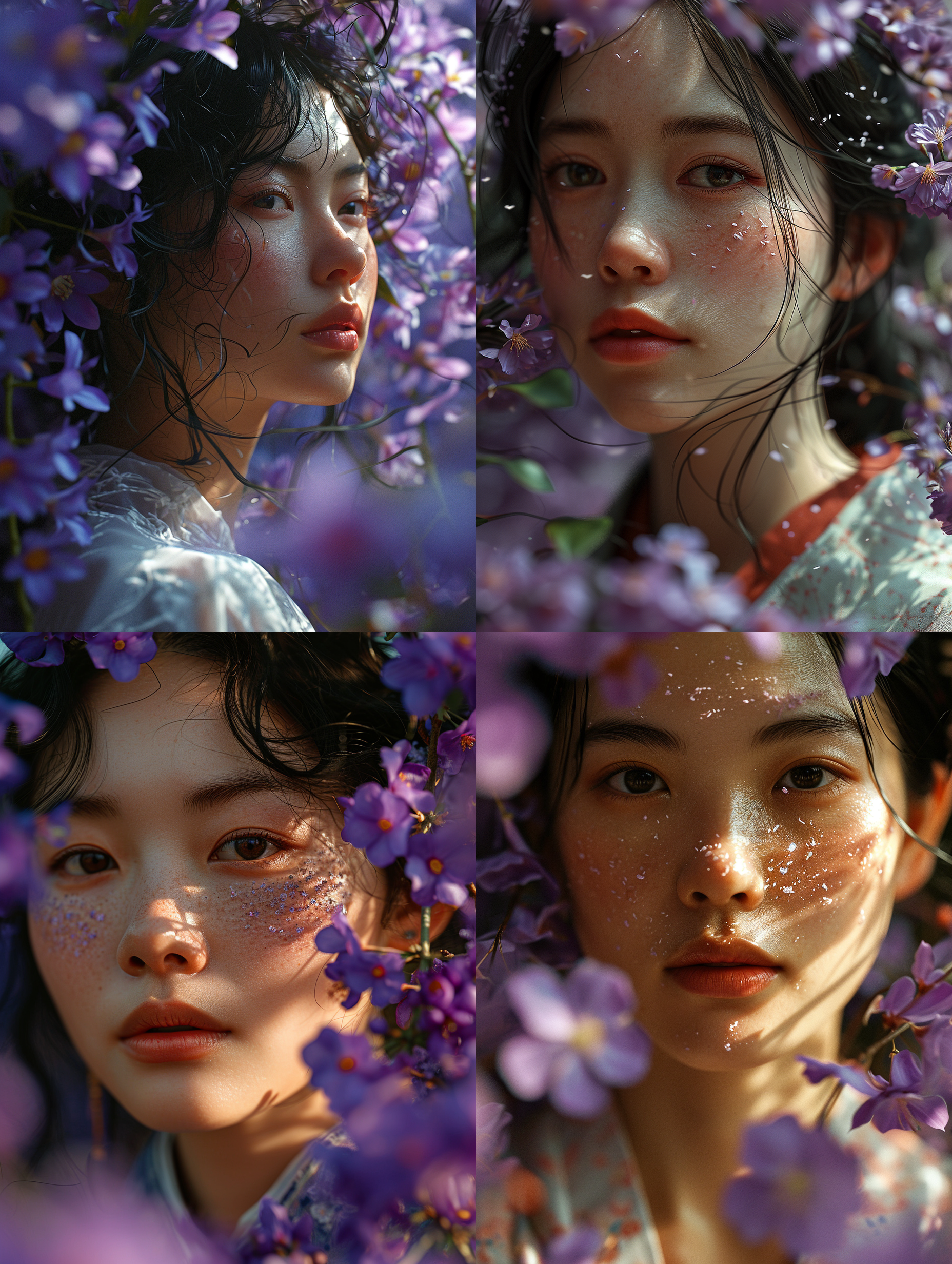 一个中国女士，被紫薇花绕着，花瓣纷飞，干净背景，底部透光，超级高分辨率，8k, 特写人脸，非常细致的眼睛和脸，细节照明，真实风格 
