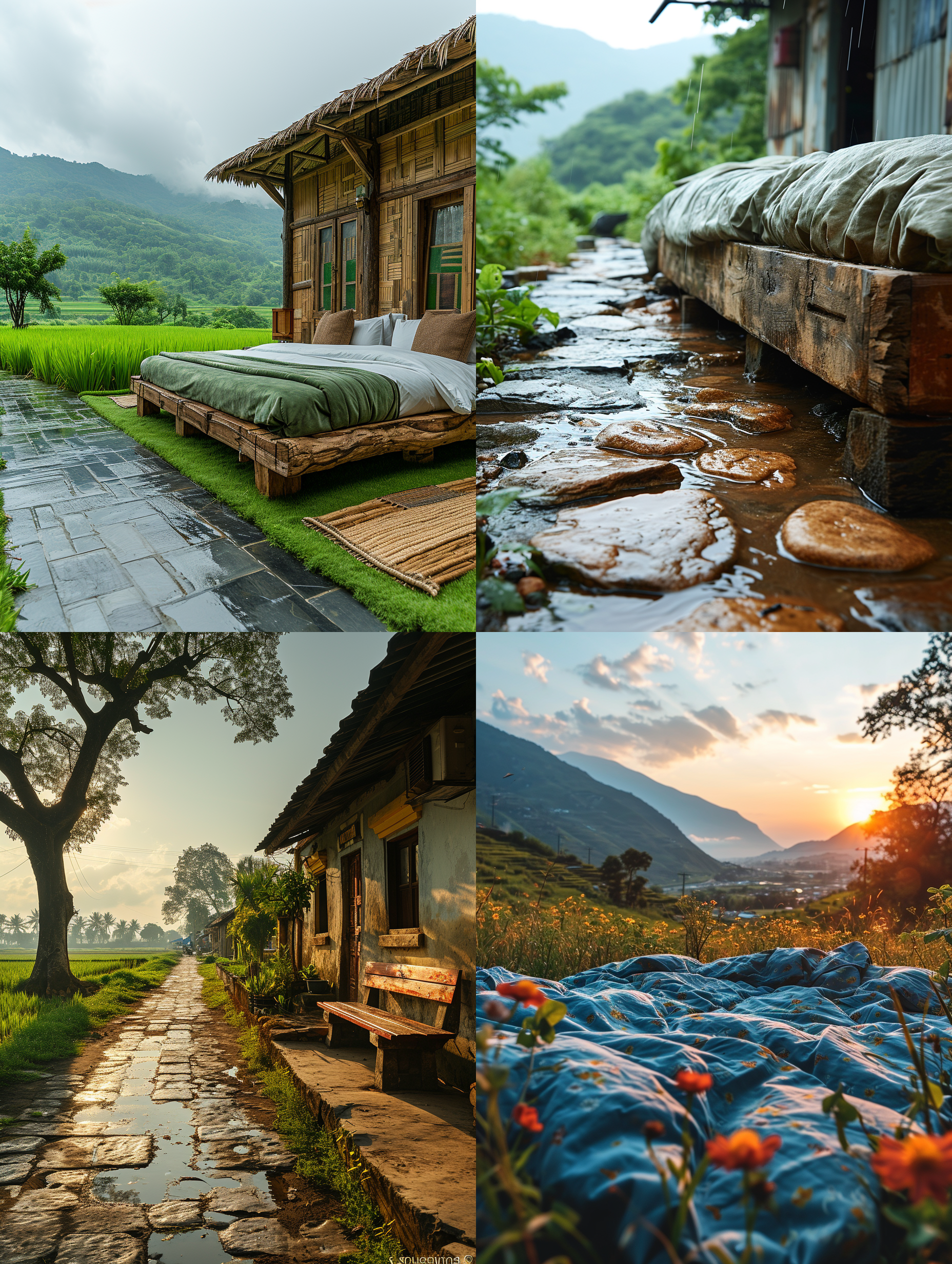 水稻田里摆放着一张床，天空中下着细雨。构图采用对角线布局，床与水稻相互映衬。照片风格以自然环境为主，运用广角镜头捕捉广阔的稻田景观。光线柔和，给人以宁静、清新的感觉。色调偏向绿色，突出稻田的生机。情感上呈现出宁静、舒适、温暖。