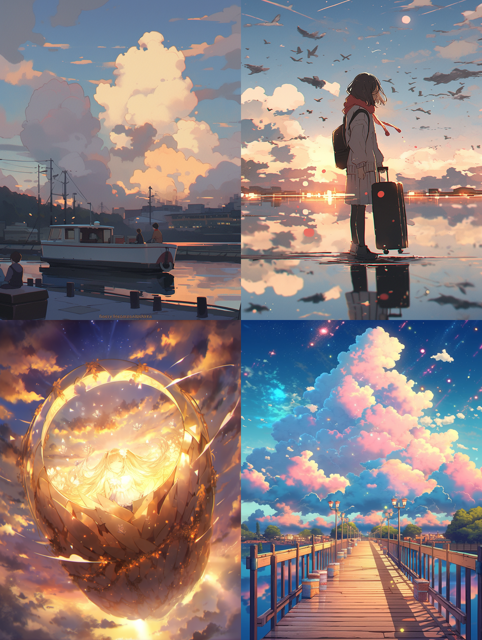 sunset, sea, golden tones, clouds floating, backlight shooting, lens perspective, choppy waters, gradient tones, serenity, romance, magnificence.