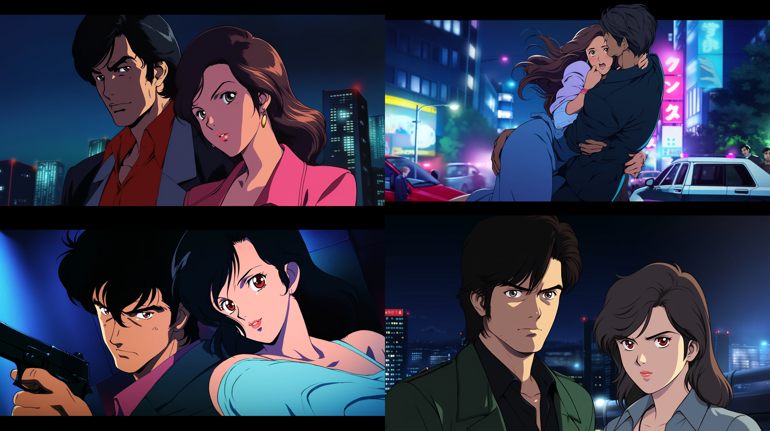 city hunter saves a beautiful policewoman who is being harassed by thieves on a tokyo night.