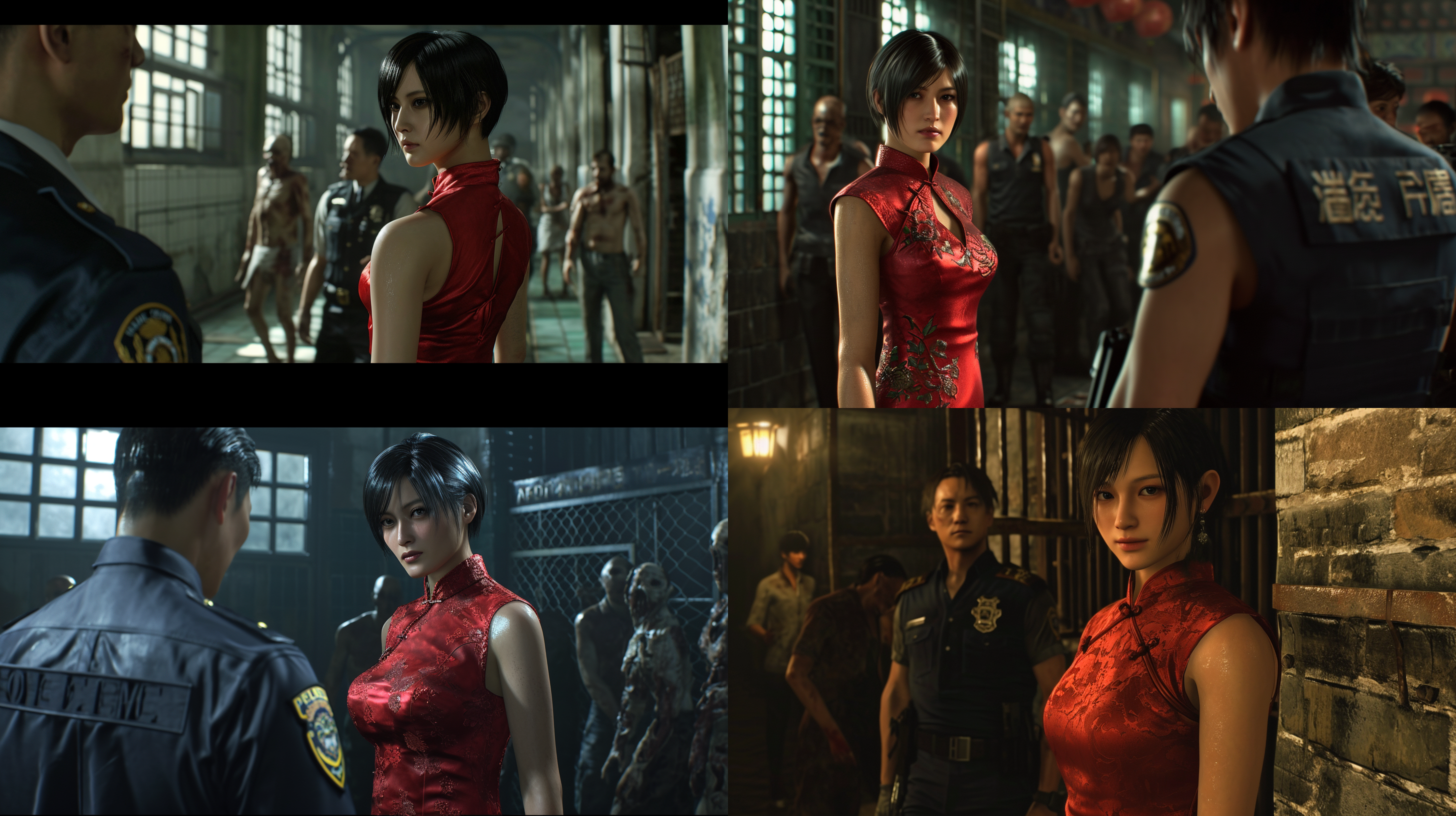 leon, a police officer from raccoon city, and ada wong, a female special agent, meet in a prison on a small island in resident evil. ada, with her black short hair and dressed in a red chinese qipao, stands alongside leon as they are surrounded by several zombies.