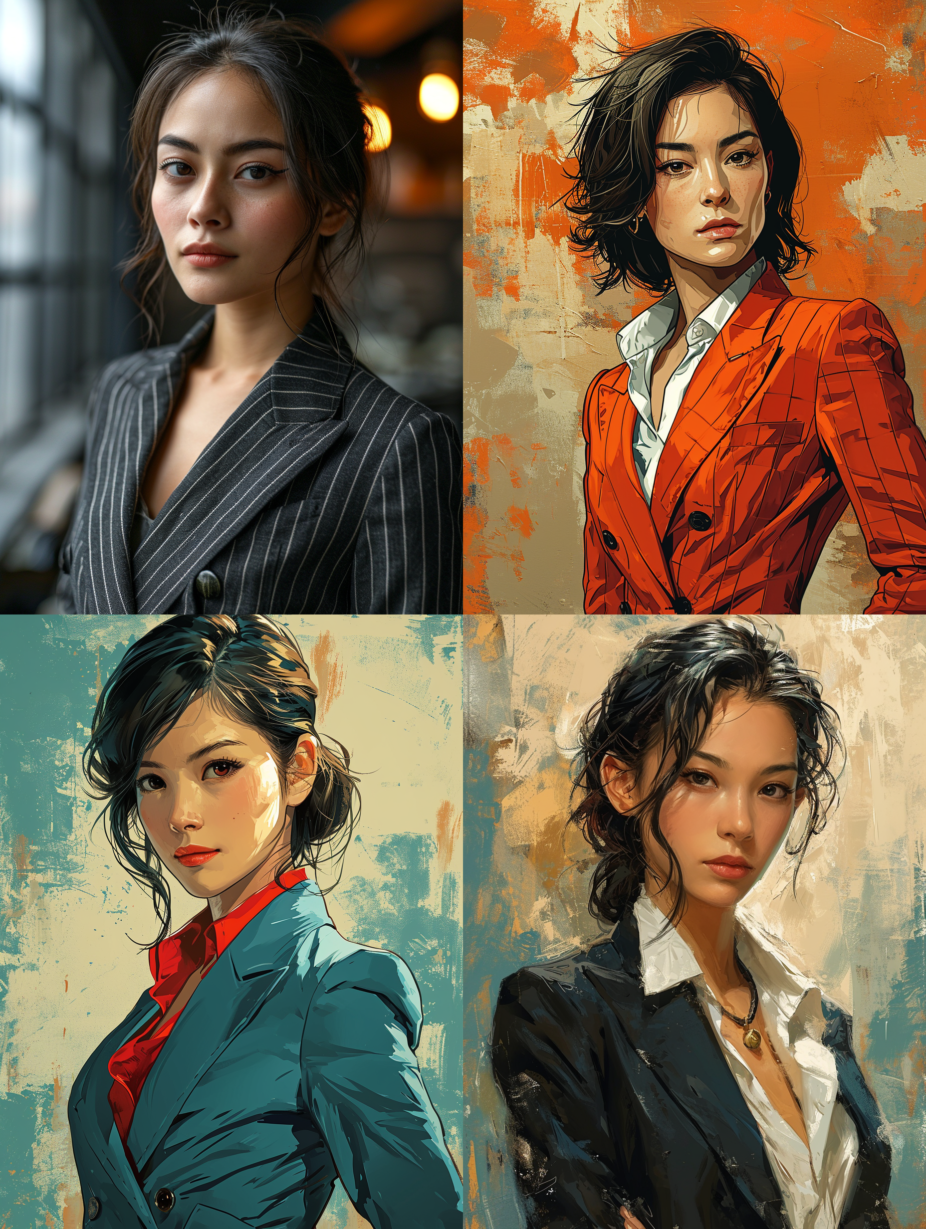 中国成年女性，美女，身穿西装，1980s,，美式漫画风格