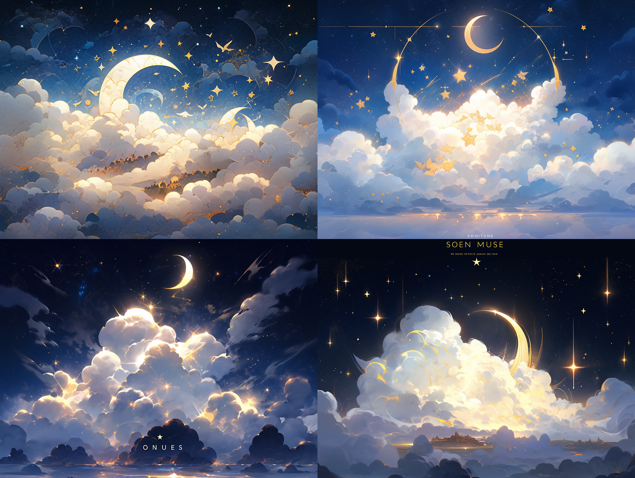 一幅月亮和云海有关的插画，金色星星，封面为yuumei风格的星星艺术集团（星星）的ep，深邃的夜空，荧光，全局照明，发光的效果，光线的现实主义描绘，精致的幻想世界，agnes劳伦斯佩尔顿（可以去掉或许更亮堂），数字绘画，温馨配色，明亮的配色，五颜六色，闪耀的星空，夜景，夜芯，洒金效果，仙光，超广角 超级高分辨率 大文件 风景