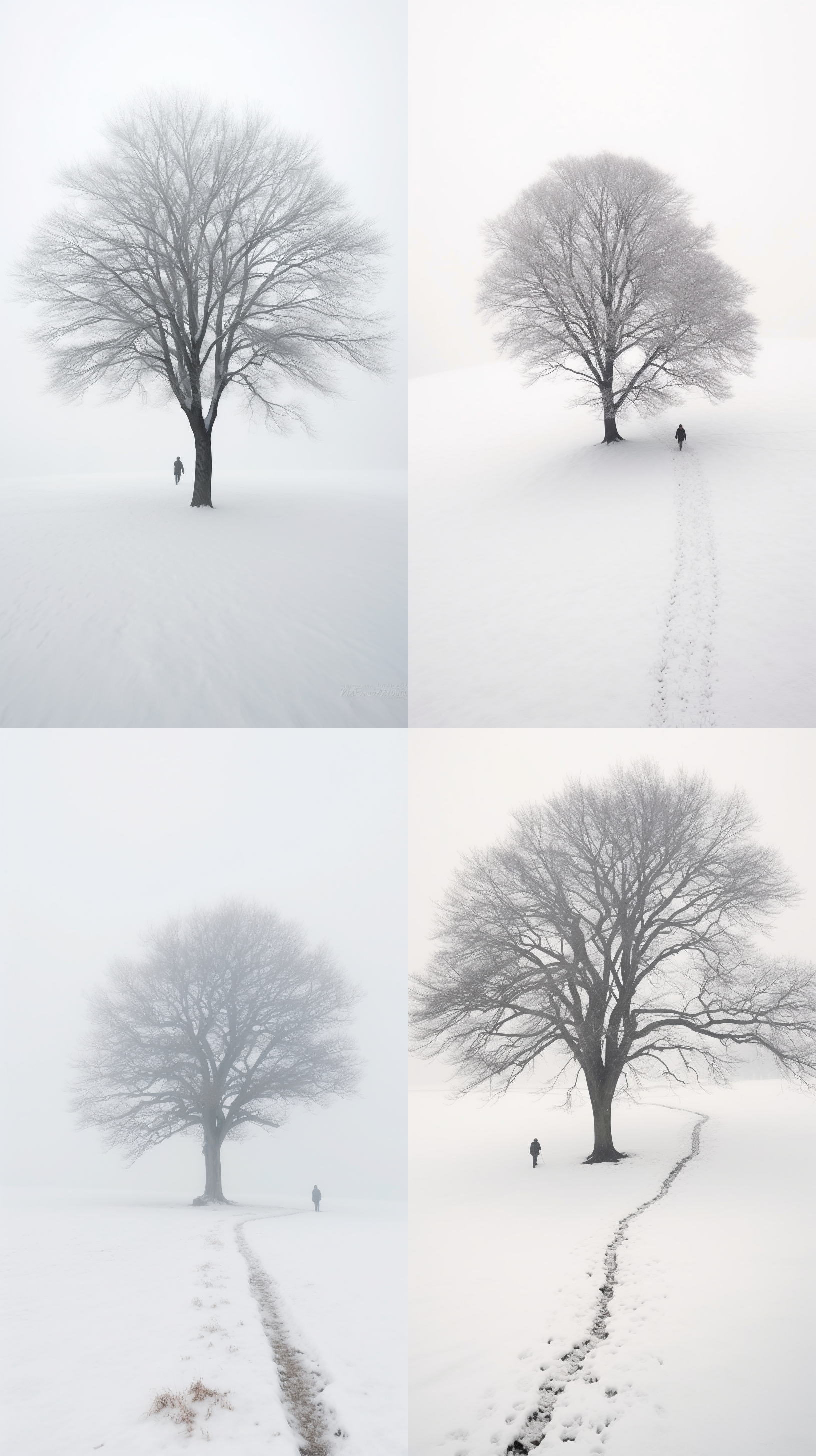 a tree is walking across the snow in the snow, hazy, foggy::2, endless snow, in the style of captivating documentary photos, akos major, monochrome landscapes, intricately mapped worlds, documentary travel photography, layered lines, time-lapse photography, nikon d850